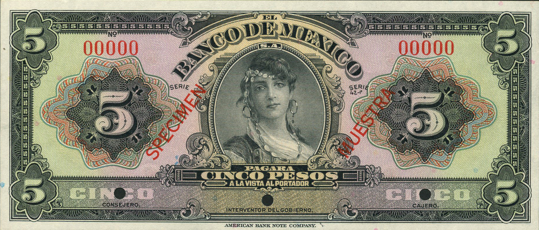  Diagonal red SPECIMEN / MUESTRA ovpts front/back; no date; no sig ; no series 