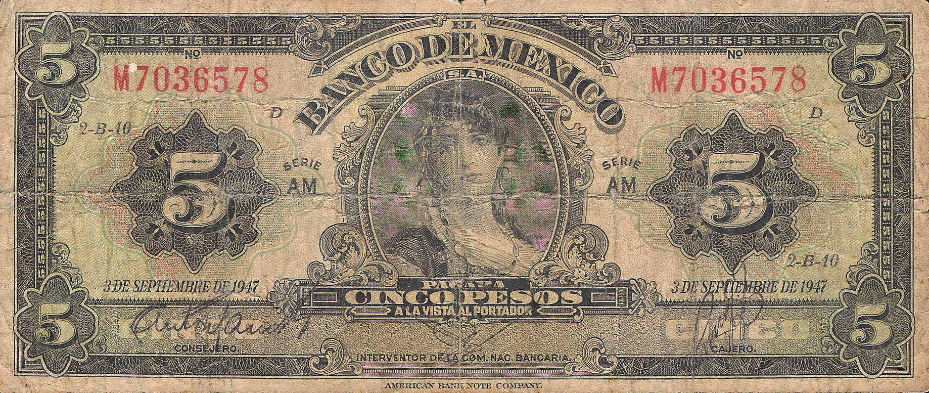  3 DE SEPTIEMBRE DE 1947 Series AK - AZ Prefix M, P Center title: INTERVENTOR DE LA COM NAC BANCARIA 