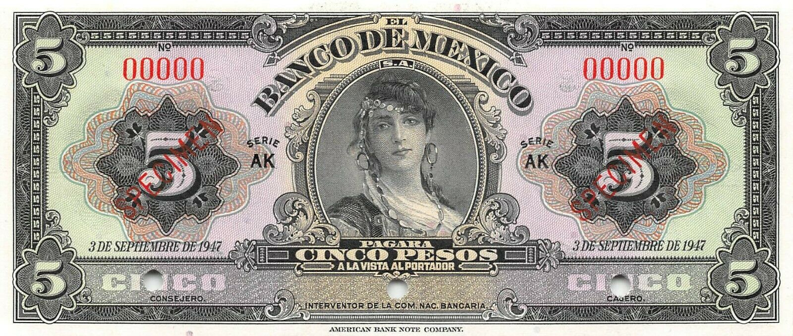  Two diagonal red SPECIMEN ovpts front; no sig ; all-zero s/n 