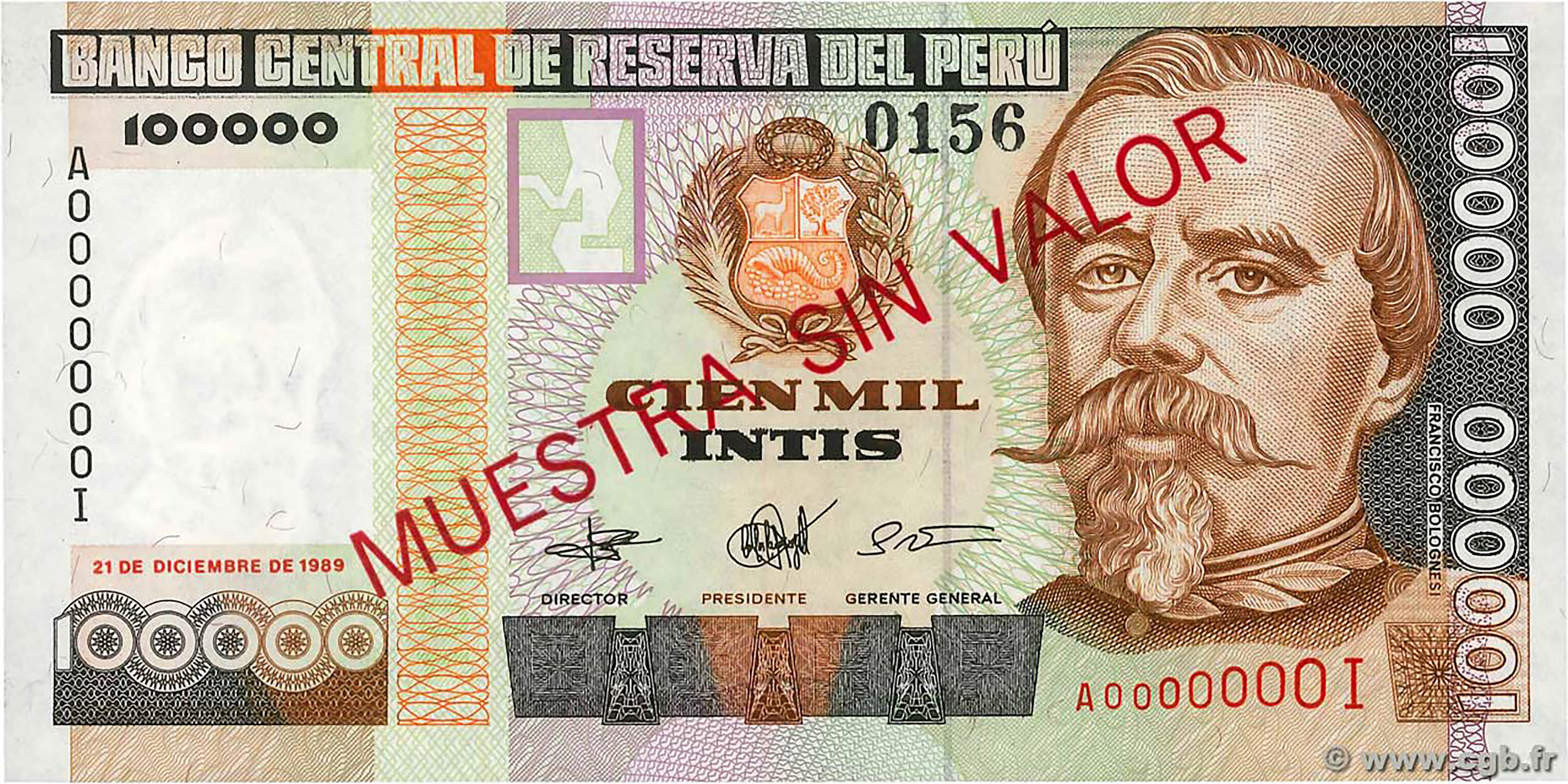  Diagonal red MUESTRA SIN VALOR ovpt front/back; horizontal black # ovpt upper right front; all-zero s/n 