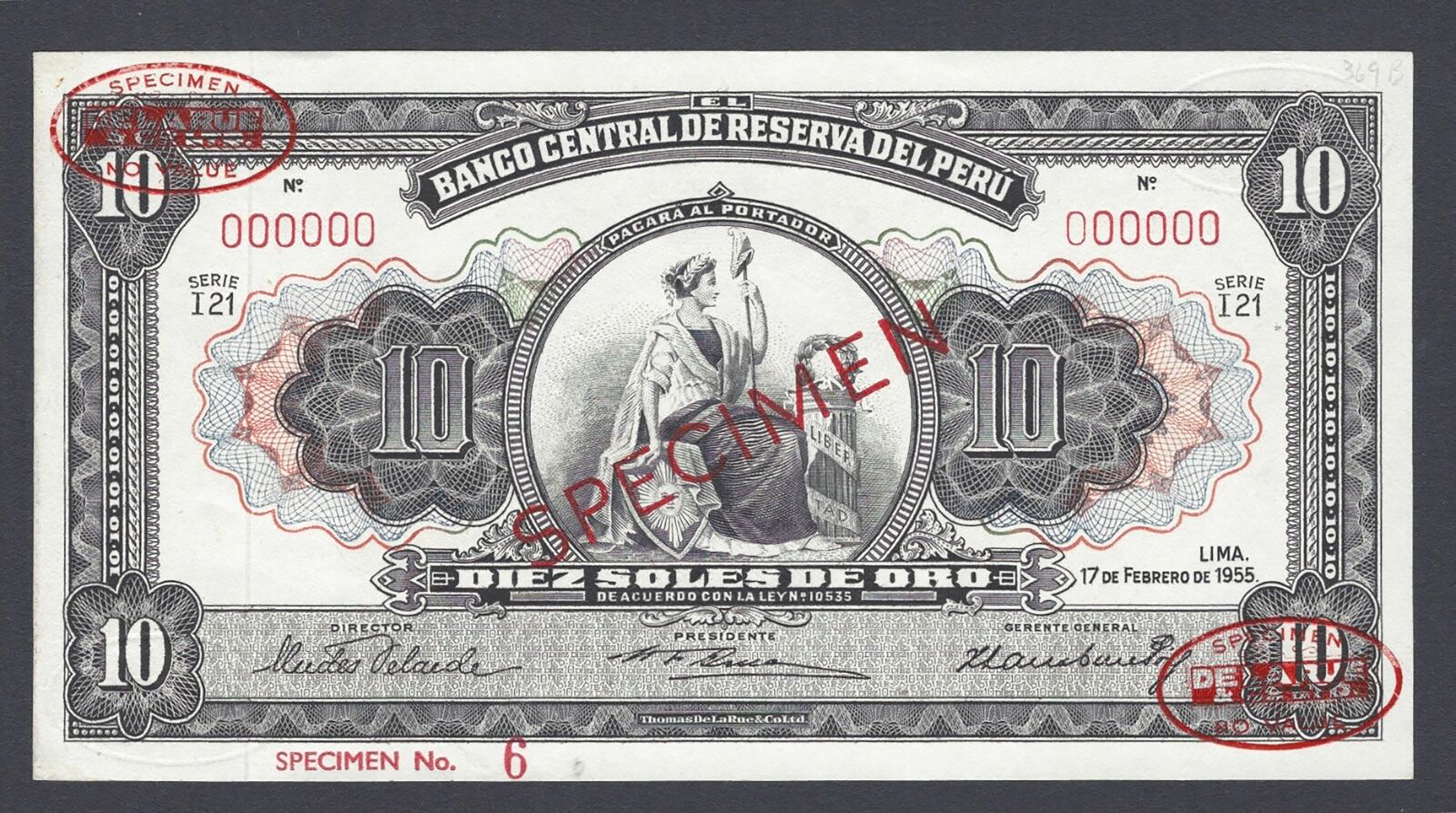  Diagonal red SPECIMEN and DLR oval ovpts; horizontal red SPECIMEN No # ovpt lower left; all-zero s/n 