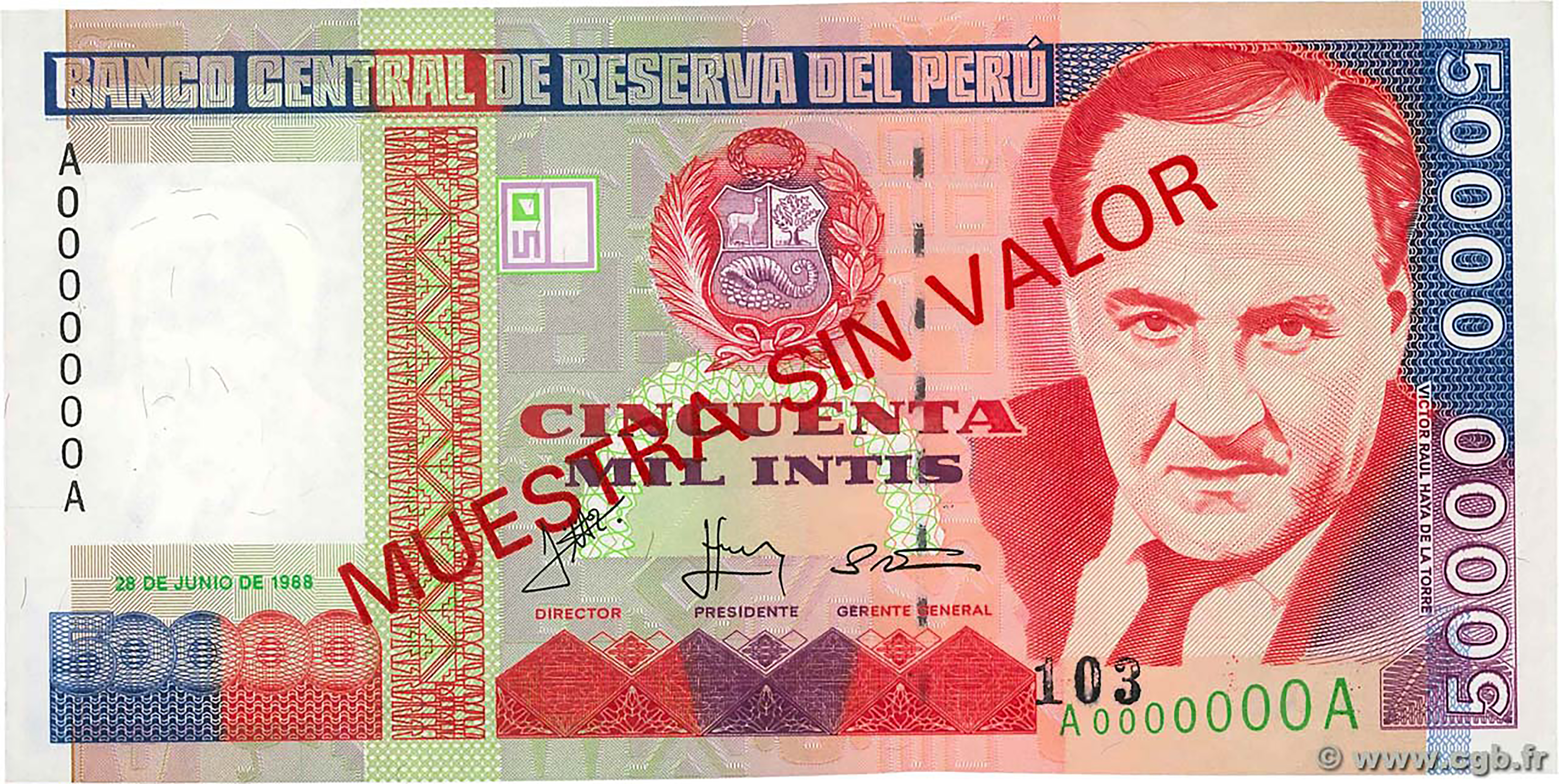  Diagonal red MUESTRA SIN VALOR ovpt front/back; horizontal black # ovpt lower right front; all-zero s/n 