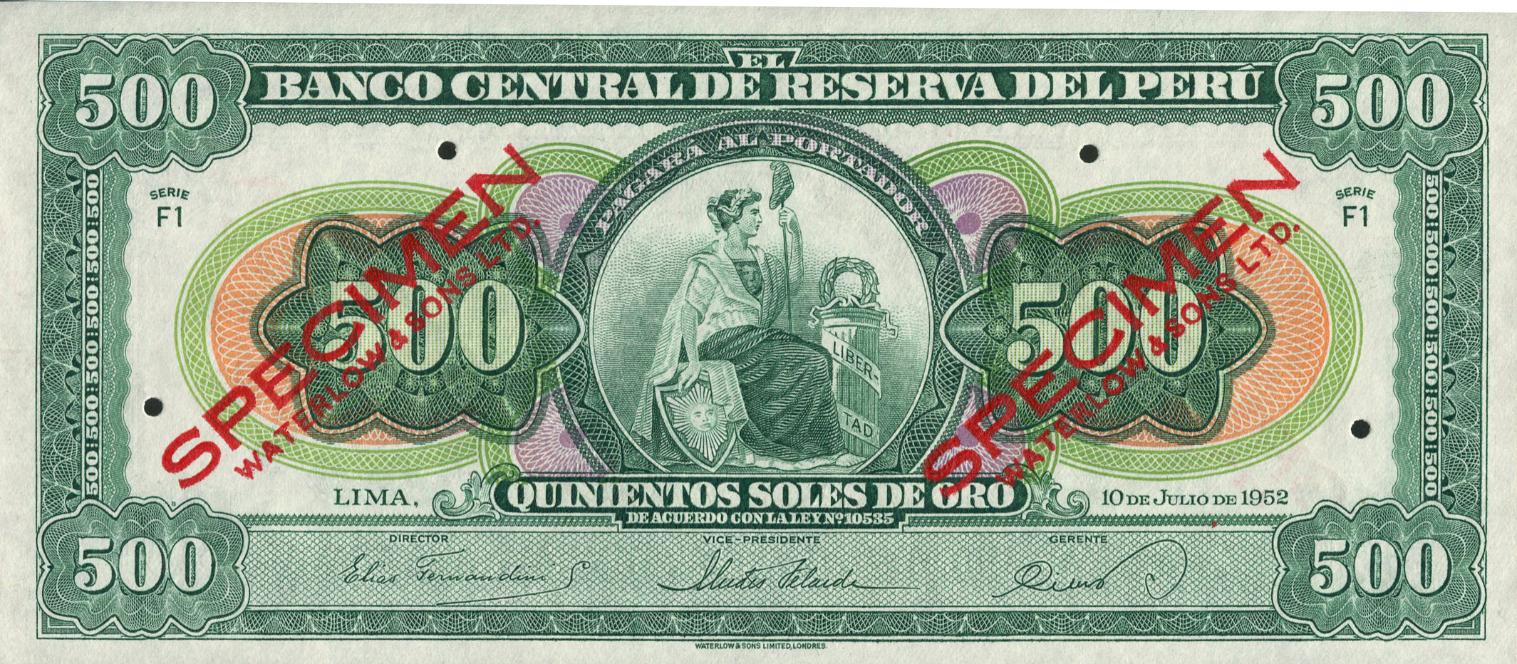  Green; two diagonal red SPECIMEN / WATERLOW & SONS LTD ovpts front/back; no s/n 