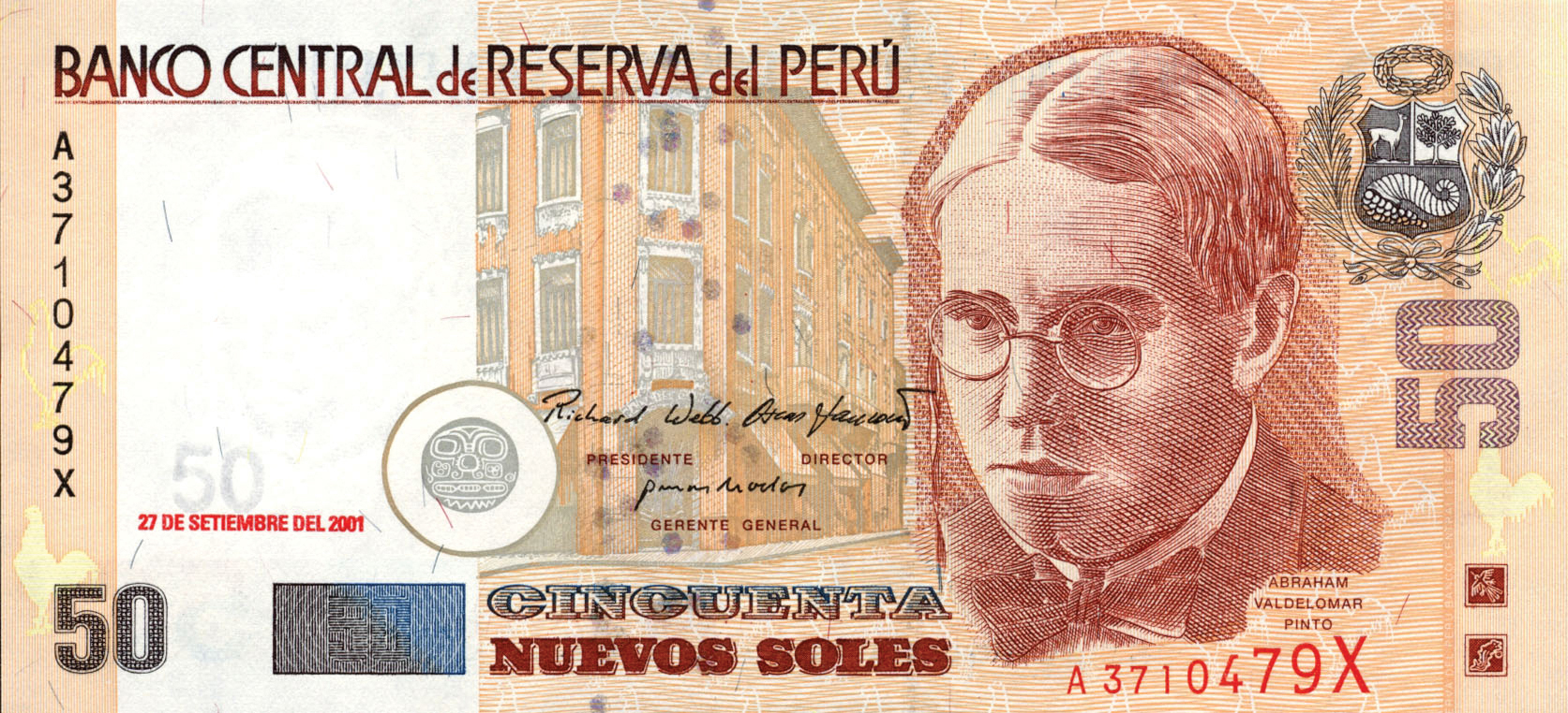  27 DE SETIEMBRE DEL 2001 Sig 163: Dancourt/We/Barclay Wmk: Abraham Valdelomar and electrotype 50 Prefix/suffix A/S - A/Z, Z/A (varnished paper) 