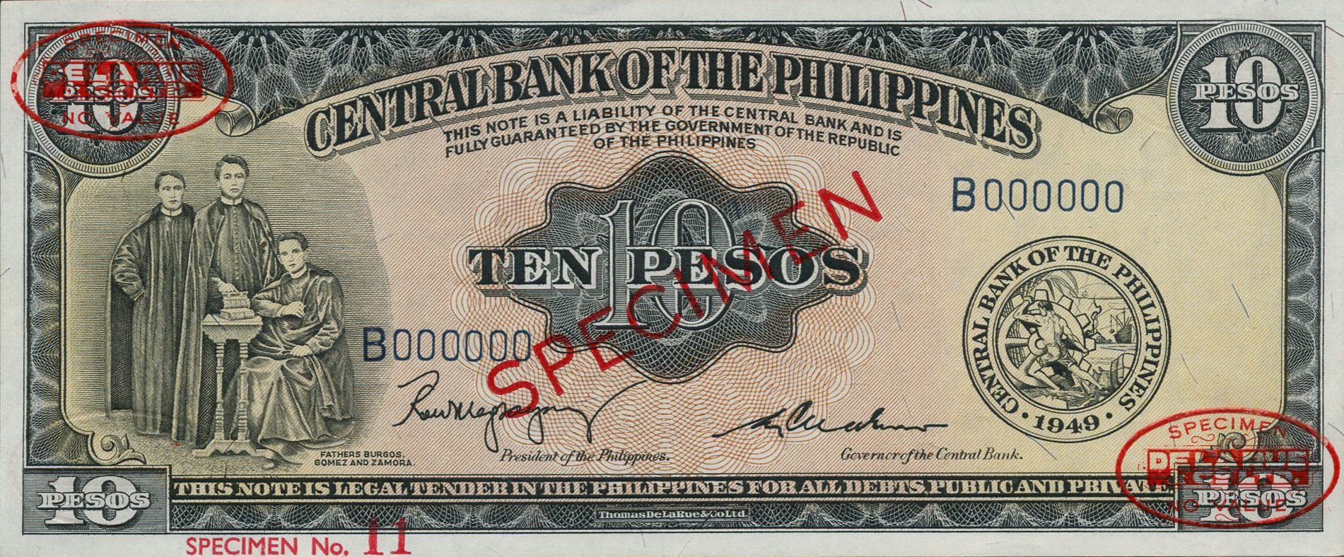  Diagonal red SPECIMEN and DLR oval ovpts; horizontal red SPECIMEN No # ovpt lower left; all-zero s/n 