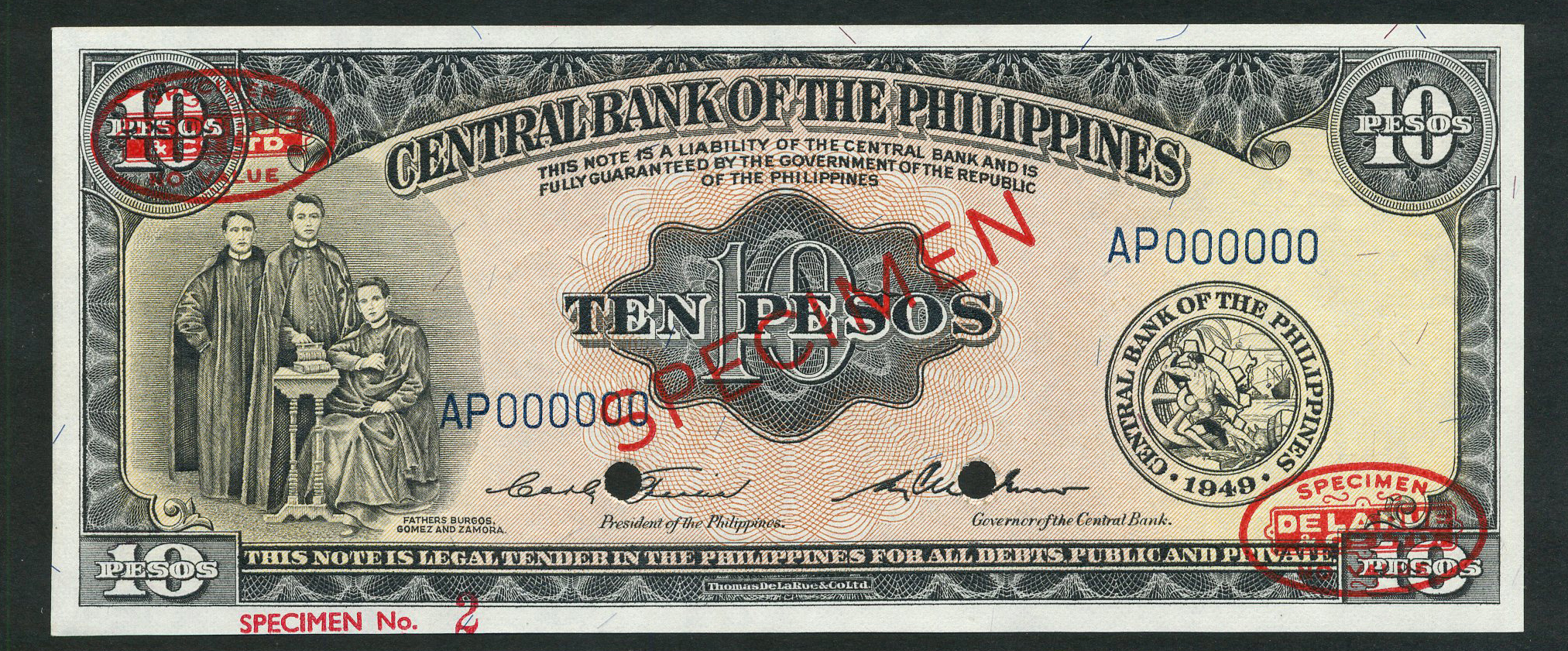  Diagonal red SPECIMEN and DLR oval ovpts; horizontal red SPECIMEN No # lower left front; all-zero s/n 