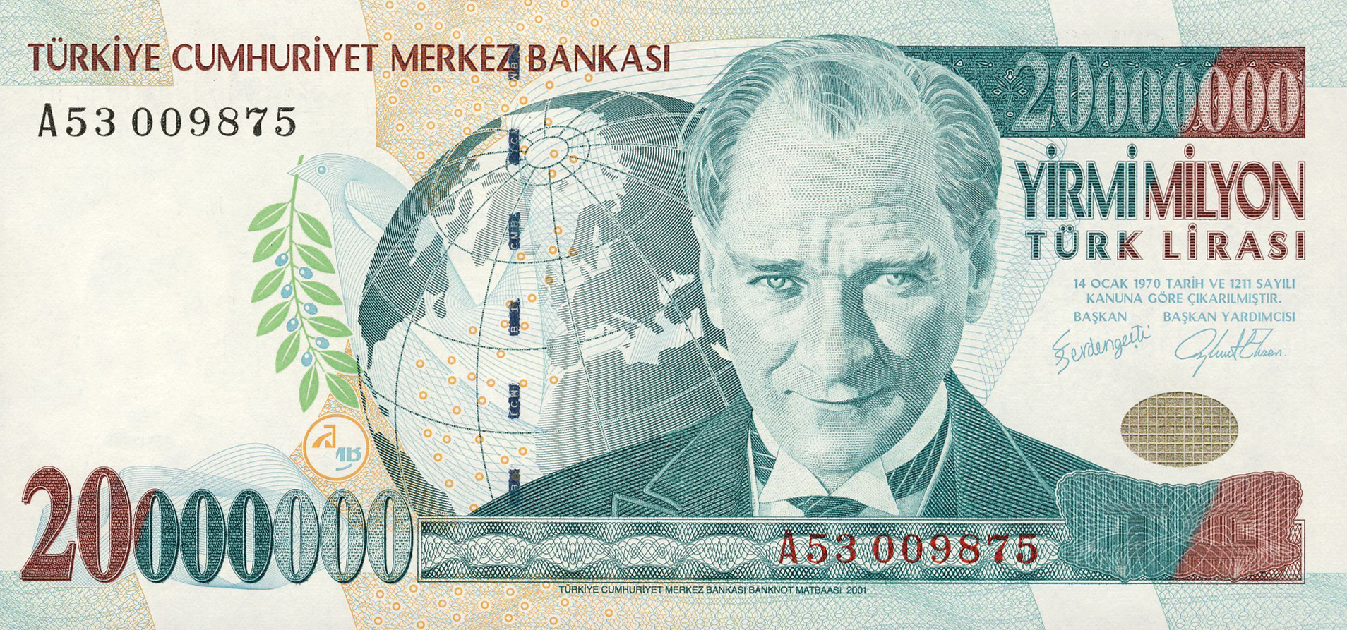 2001 2001 Sig 47: Serdengeçti/Ekzen Wmk: Type A Prefix A01 - C55 Intro: 05 11 2001 