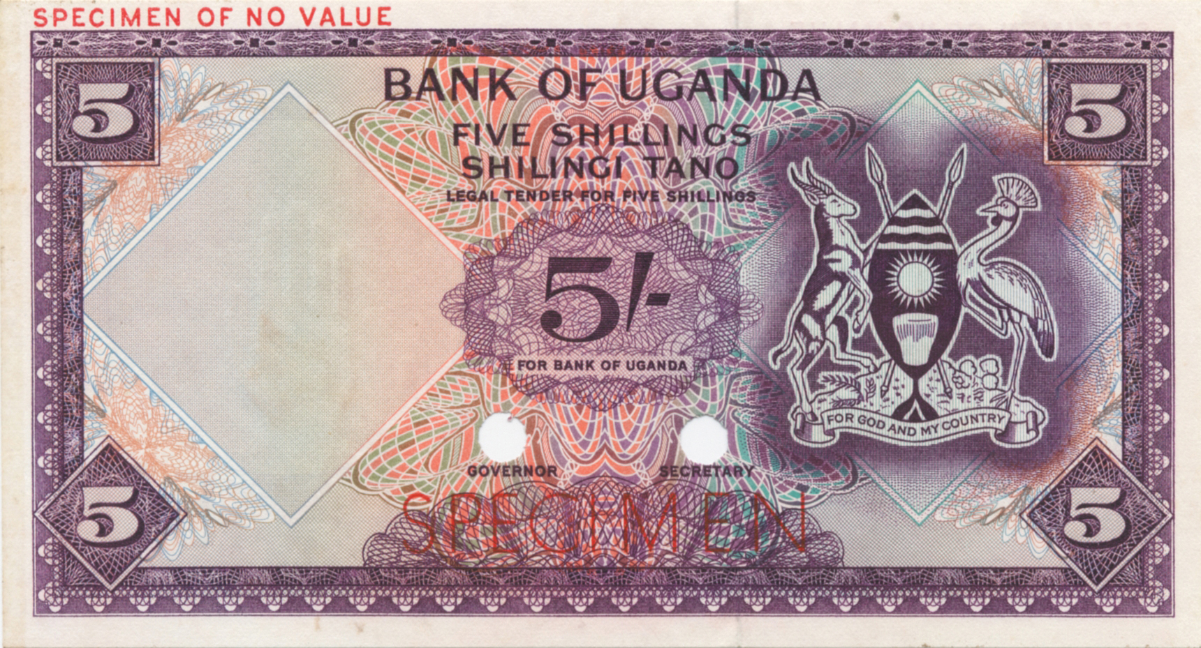  Purple; horizontal red SPECIMEN ovpt front/back; horizontal red SPECIMEN OF NO VALUE ovpt upper left front/back; no sig ; no s/n 