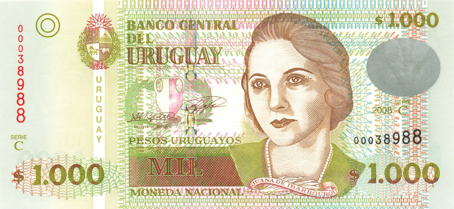 2008 2008 Sig 28: Berro/Cancela 4-mm wide holographic windowed security thread with demetalized BCU 1000 Wmk: Juana de Ibarbourou and electrotype Mil Printer: Giesecke & Devrient Series C 