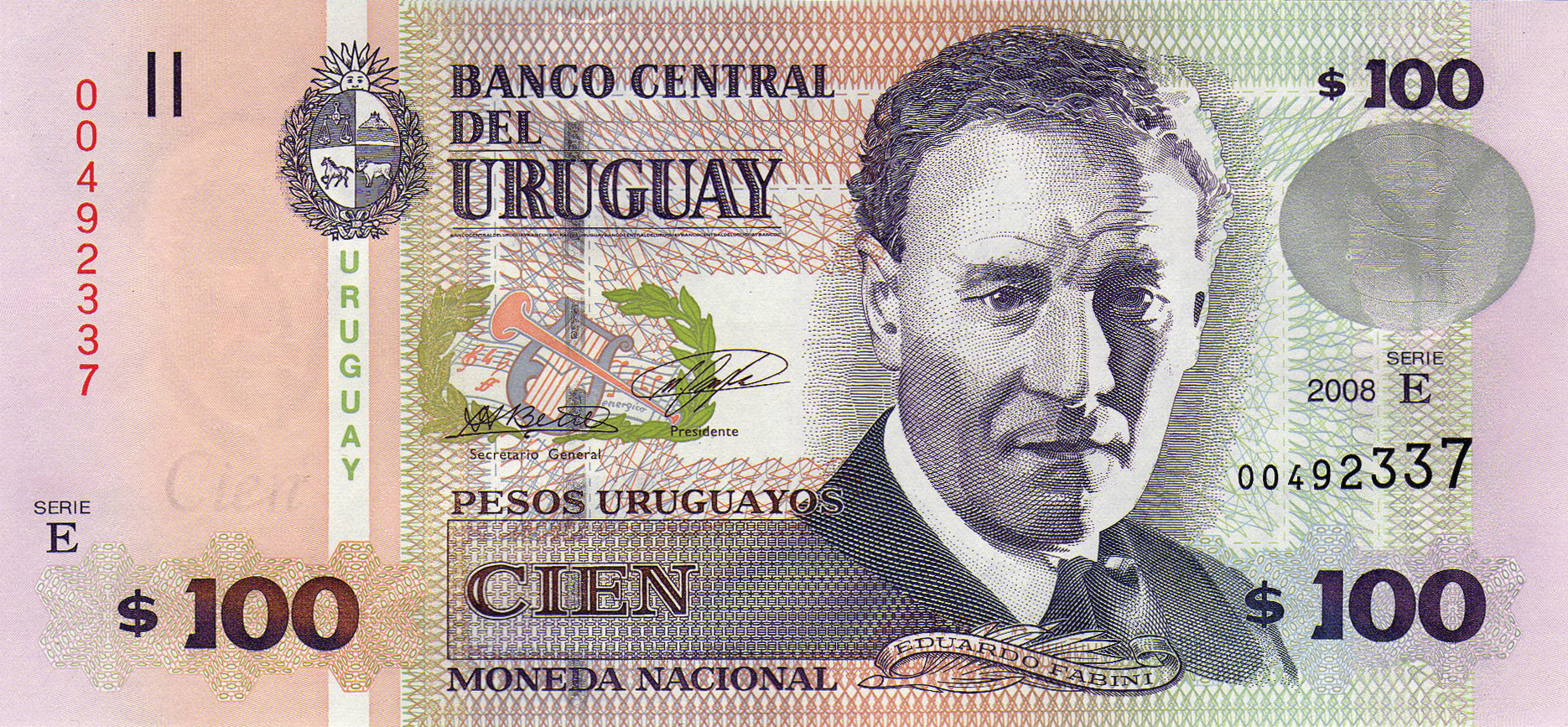 2008 2008 Wide windowed security thread with demetalized URUGUAY Wmk: Eduardo Fabini and electrotype Cien Series E 