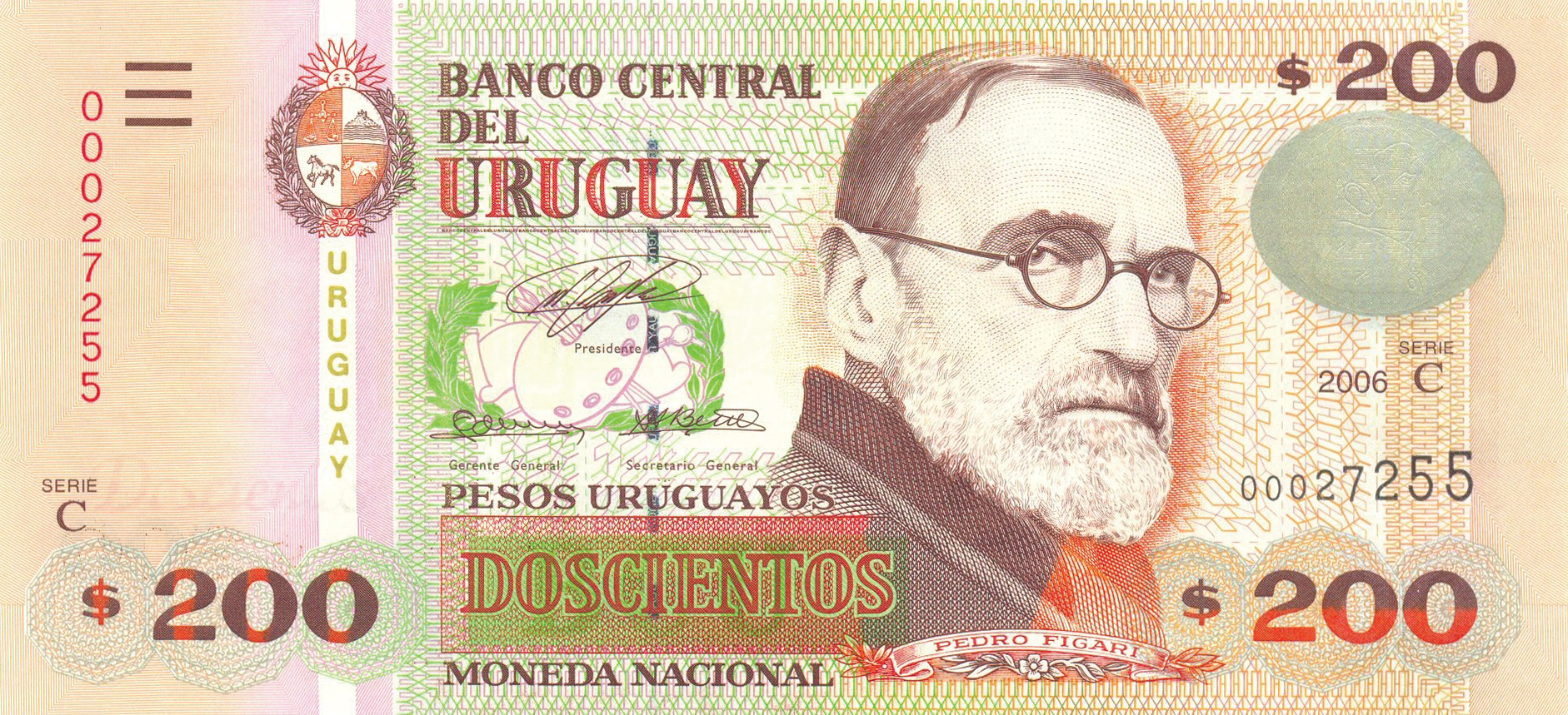 2006 2006 Sig 27: León/Berro/Cancela Wmk: Pedro Figari and electrotype Doscientos Printer: FRANÇOIS-CHARLES OBERTHUR FIDUCIAIRE Notes coated in varnish Series C Intro: 00 11 2006 