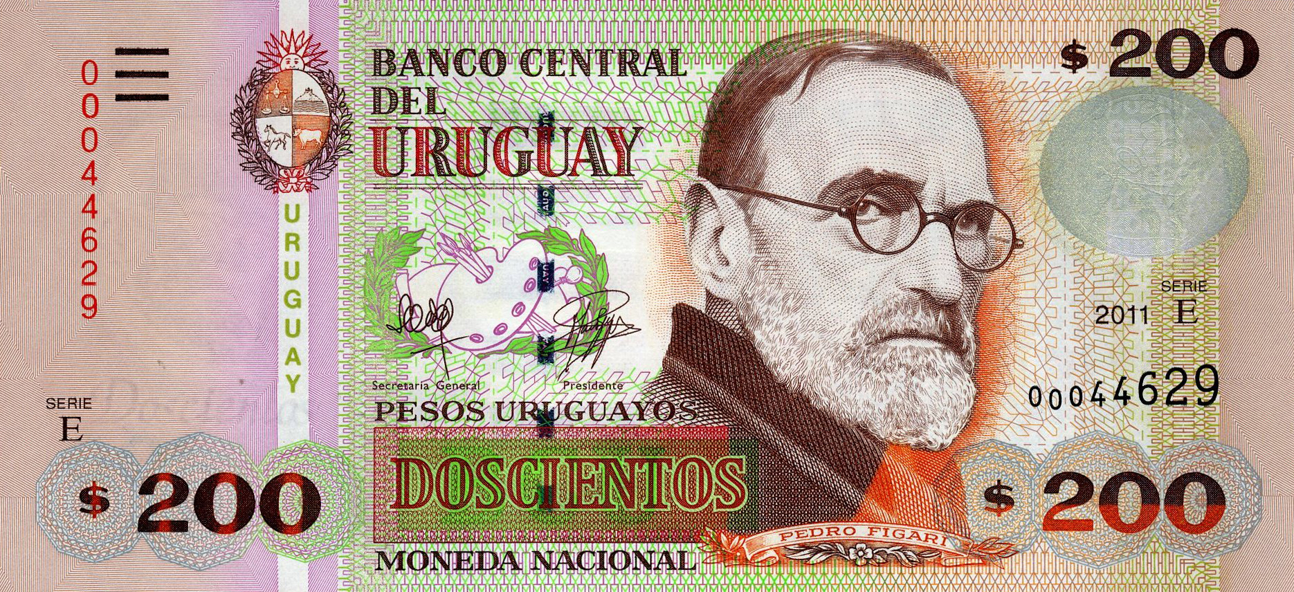 2011 2011 Sig 30: Oria/Bergara 2-mm wide windowed security thread with demetalized URUGUAY Printer: DE LA RUE Different screen trap patterns Series E 