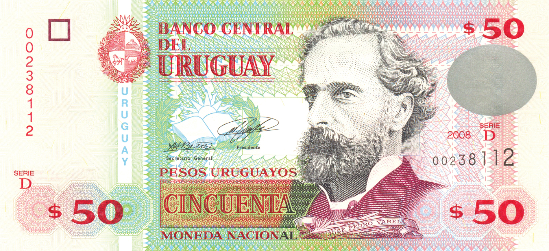 2008 2008 Sig 28: Berro/Cancela No security thread Wmk: José Pedro Varela and electrotype Cincuenta Different screen trap patterns Series D 