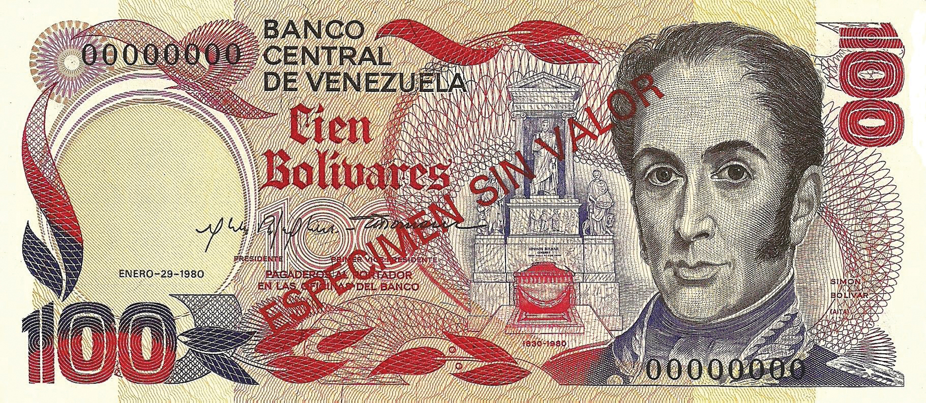  Diagonal red ESPECIMEN SIN VALOR ovpt front/back; all-zero s/n 