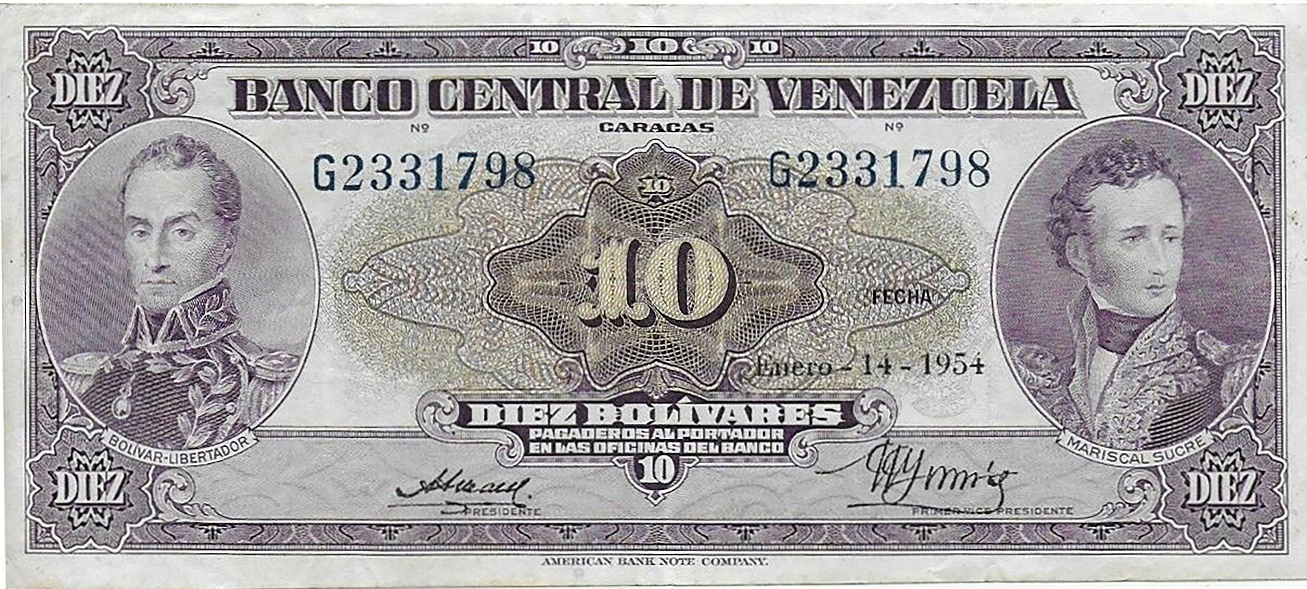  Enero-14-1954 REPUBLICA DE VENEZUELA in banner below coat of arms back Prefix G 