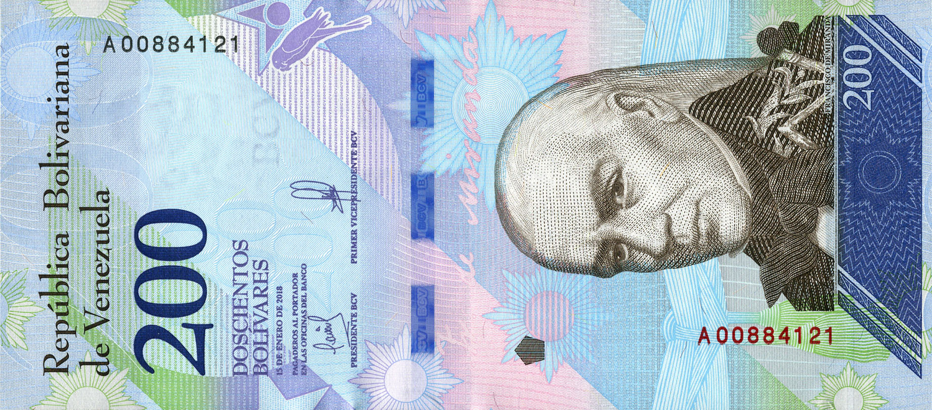  15 DE ENERO DE 2018 Sig 36: Lobo/Hernández Blue holographic windowed security thread with demetalized BCV Prefix A Intro: 20 08 2018 