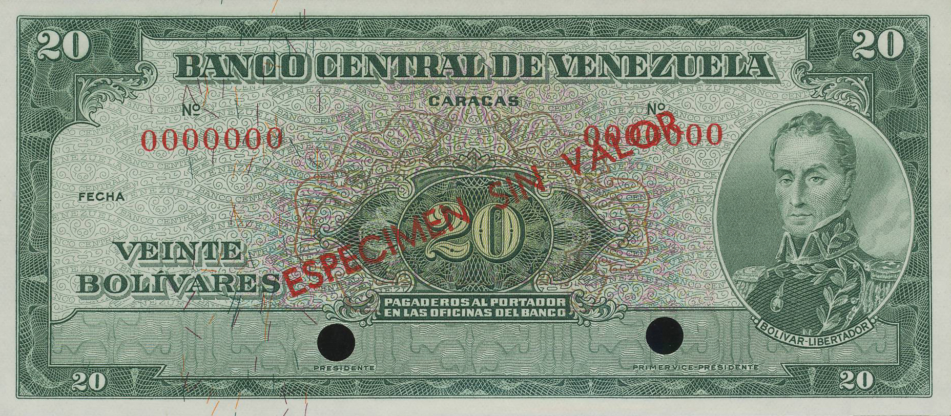  Diagonal red ESPECIMEN SIN VALOR ovpt front/back; no date; no sig ; all-zero s/n 