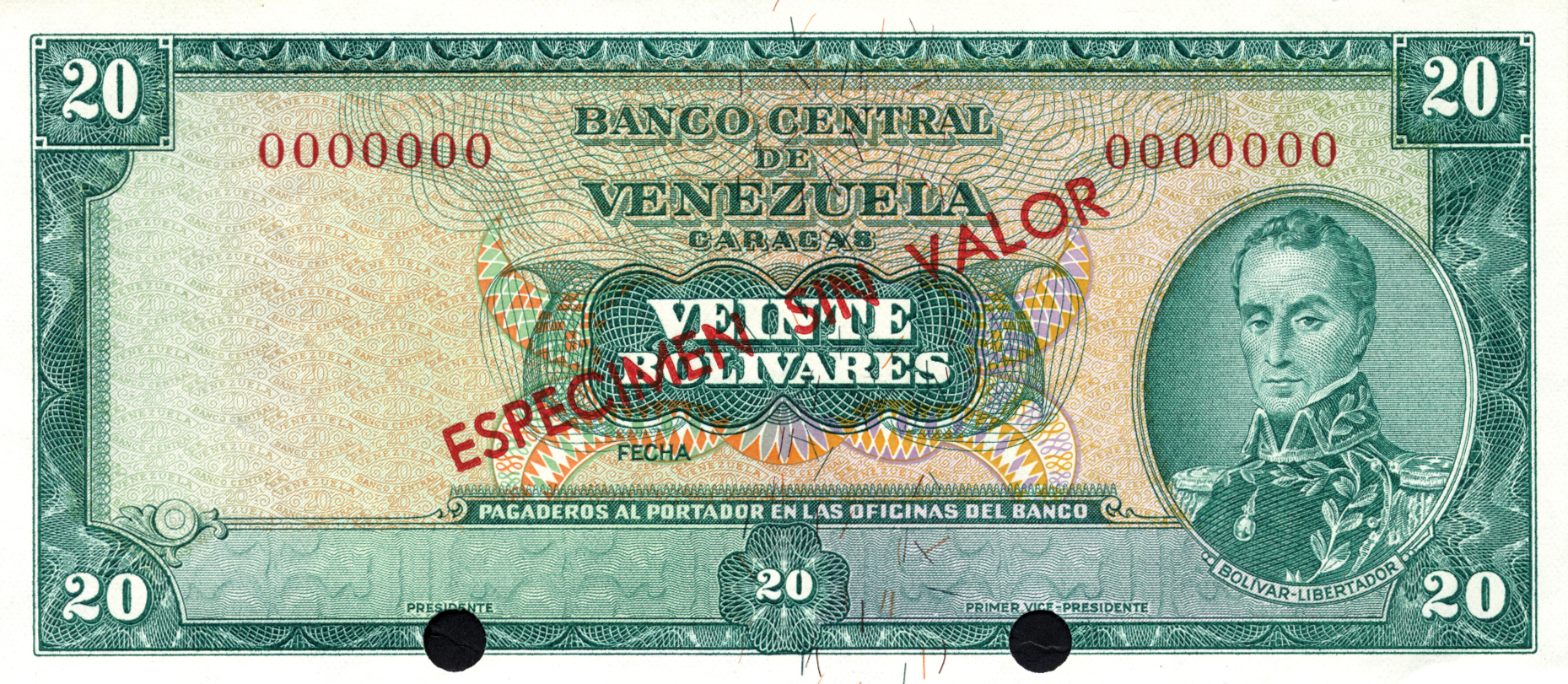  Diagonal red ESPECIMEN SIN VALOR ovpt front/back; no date; no sig ; all-zero s/n 