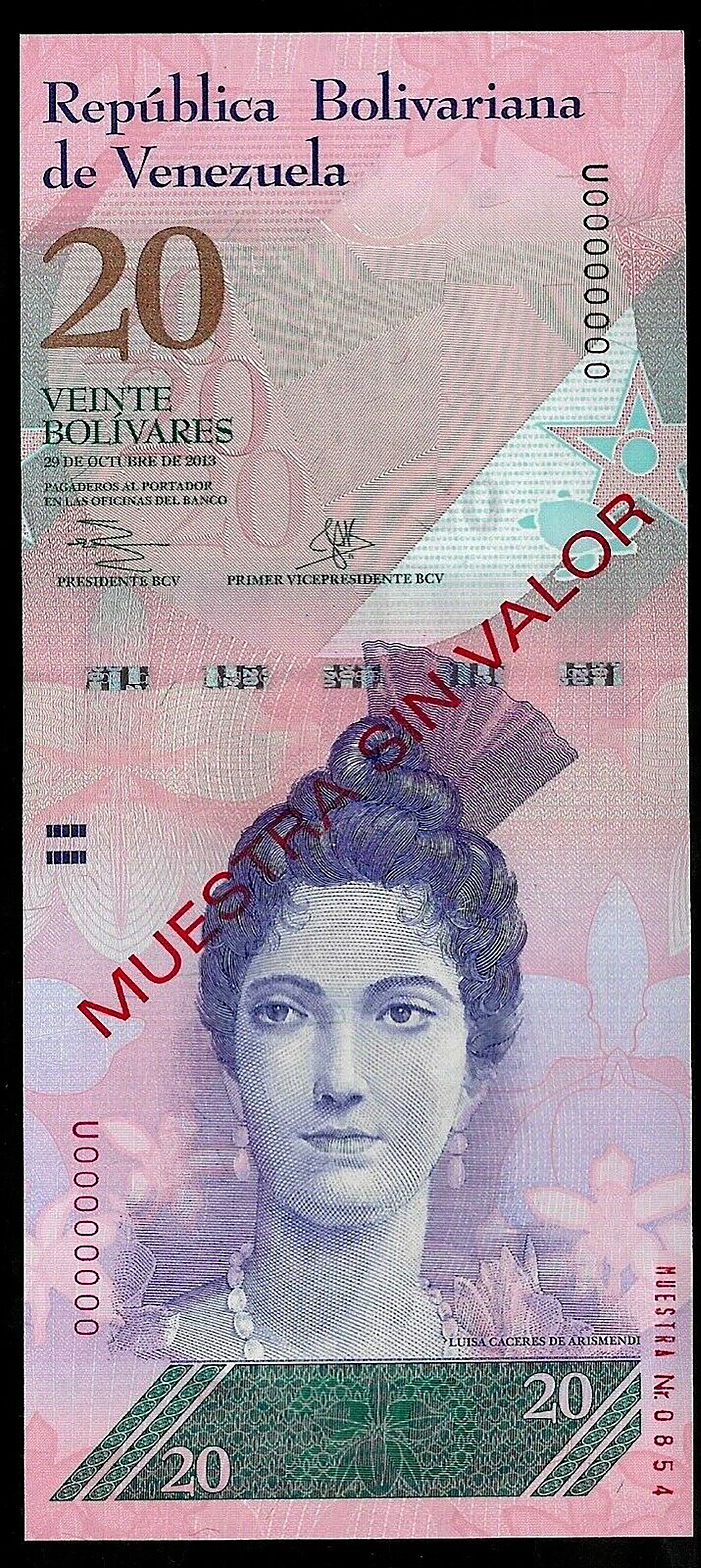  Diagonal red MUESTRA SIN VALOR ovpt front/back; horizontal red MUESTRA Nr # ovpt upper right front; all-zero s/n 