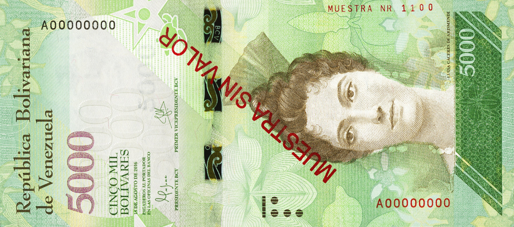  Diagonal red MUESTRA SIN VALOR ovpt front/back; horizontal red MUESTRA NR # ovpt upper right front; all-zero s/n 