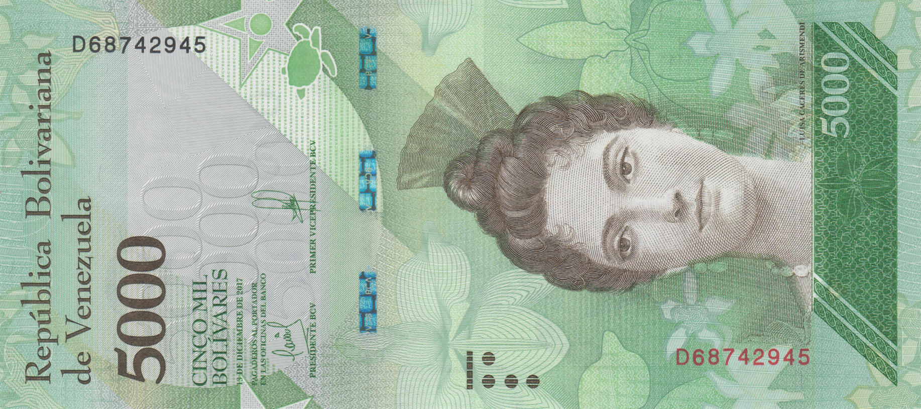  13 DE DICIEMBRE DE 2017 Sig 36: Lobo/Hernández Denomination on front not in OVI 3-mm wide holographic windowed security thread with BCV Prefix D, E 