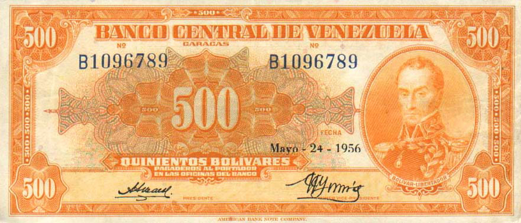  Mayo-24-1956 REPUBLICA DE VENEZUELA in banner below coat of arms back 