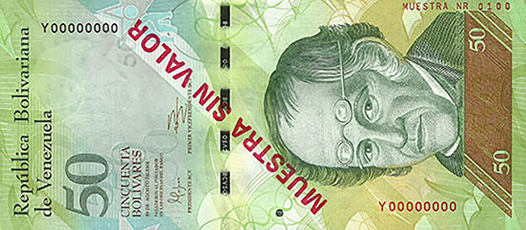  Diagonal red MUESTRA SIN VALOR ovpt front/back; horizontal red MUESTRA Nr # ovpt upper right front; all-zero s/n 