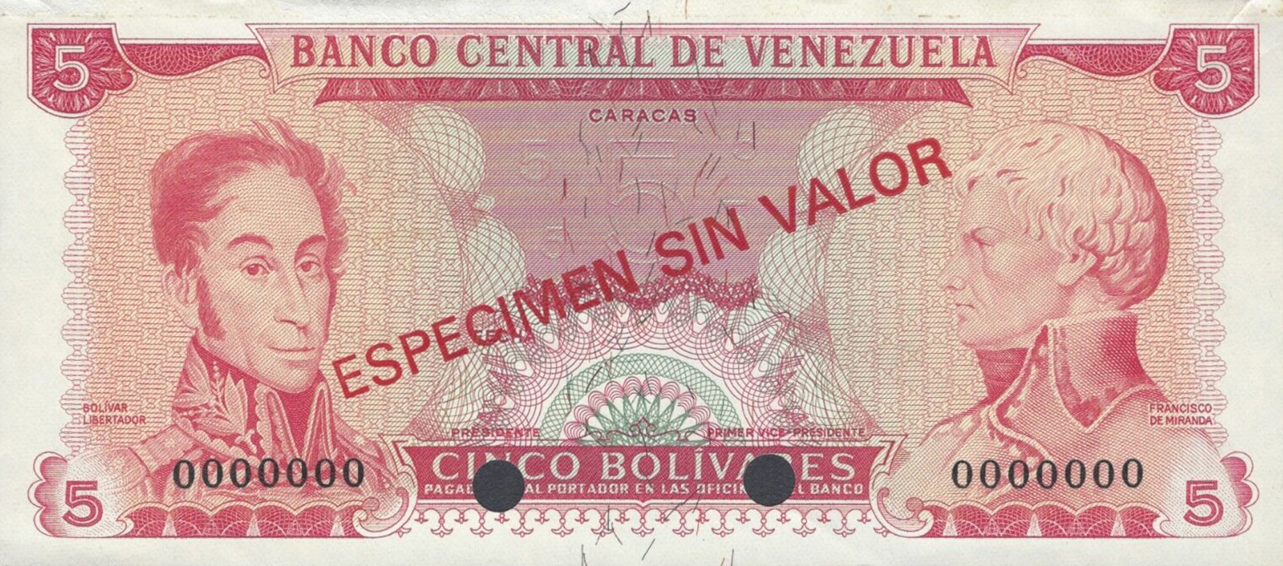  Diagonal red ESPECIMEN SIN VALOR ovpt front/back; no date; no sig ; all-zero s/n 