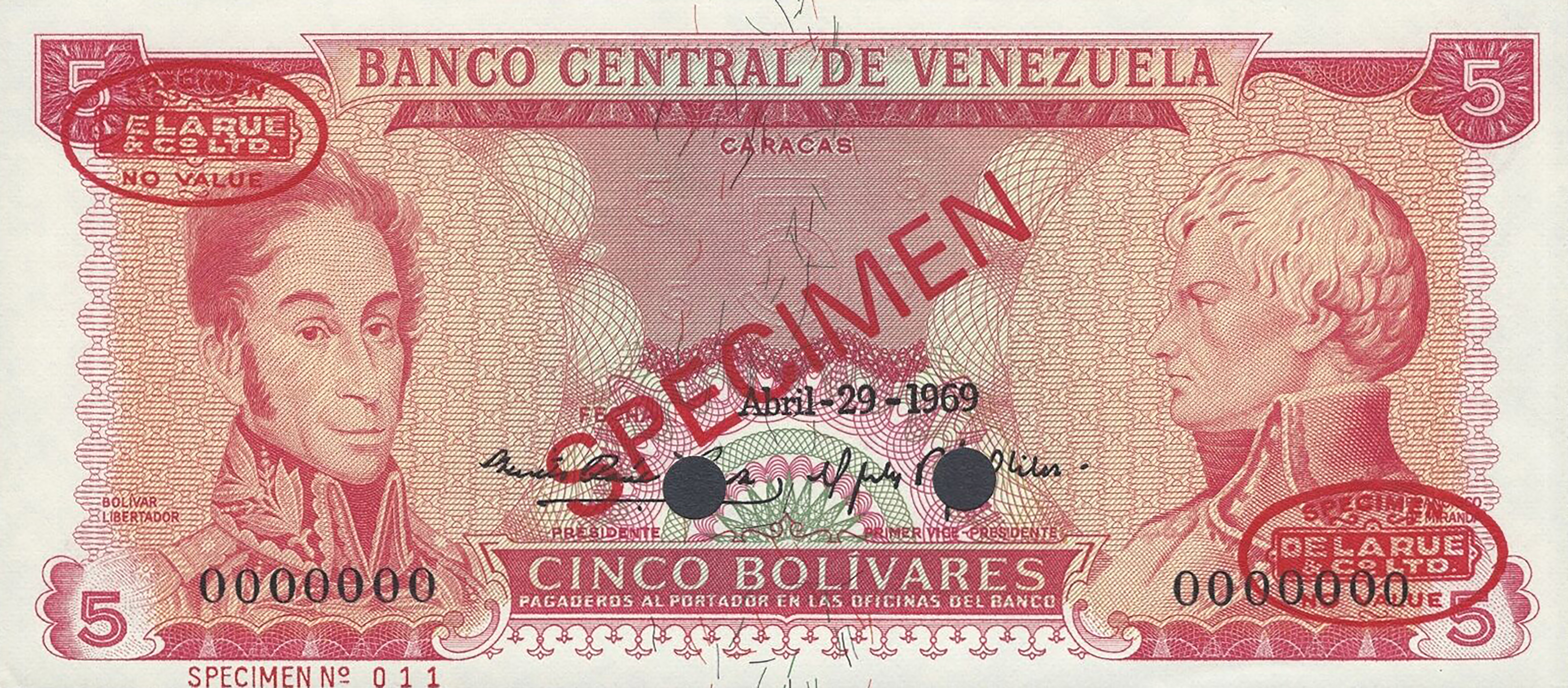  Diagonal red SPECIMEN and DLR oval ovpts; horizontal red SPECIMEN No # ovpt lower left; all-zero s/n 