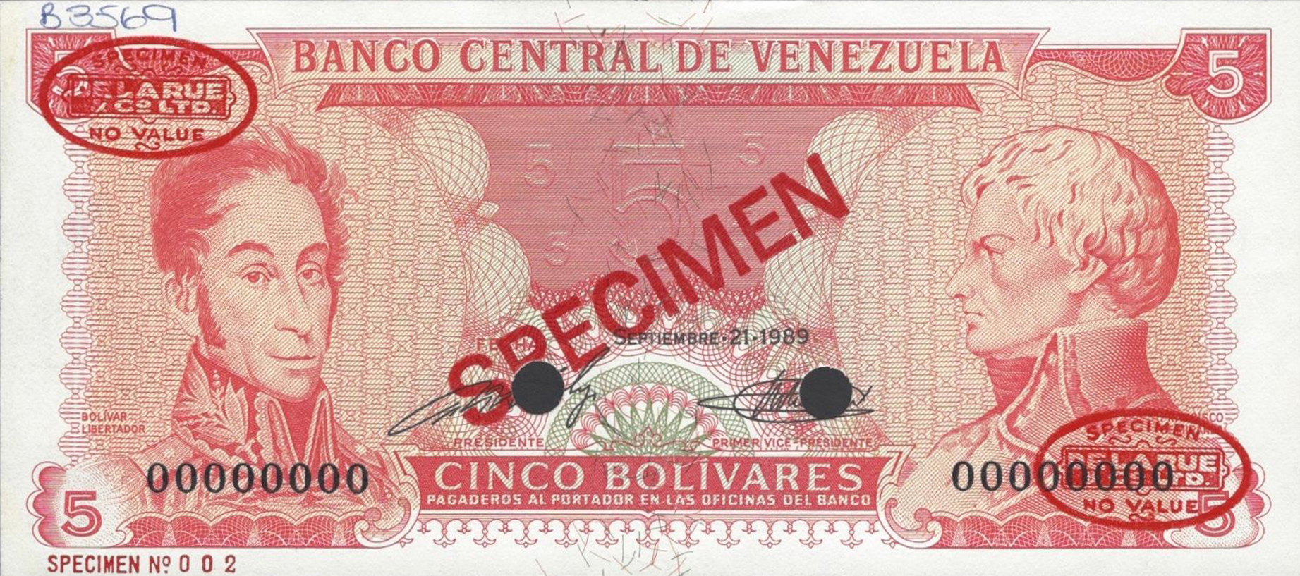  Diagonal red SPECIMEN and DLR oval ovpts; horizontal red SPECIMEN No # ovpt lower left; all-zero s/n 