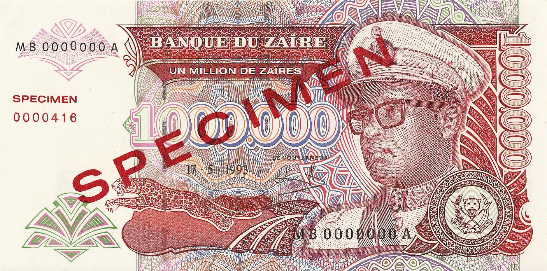  Diagonal red SPECIMEN ovpt front/back; horizontal red SPECIMEN # ovpt at center left; all-zero s/n 