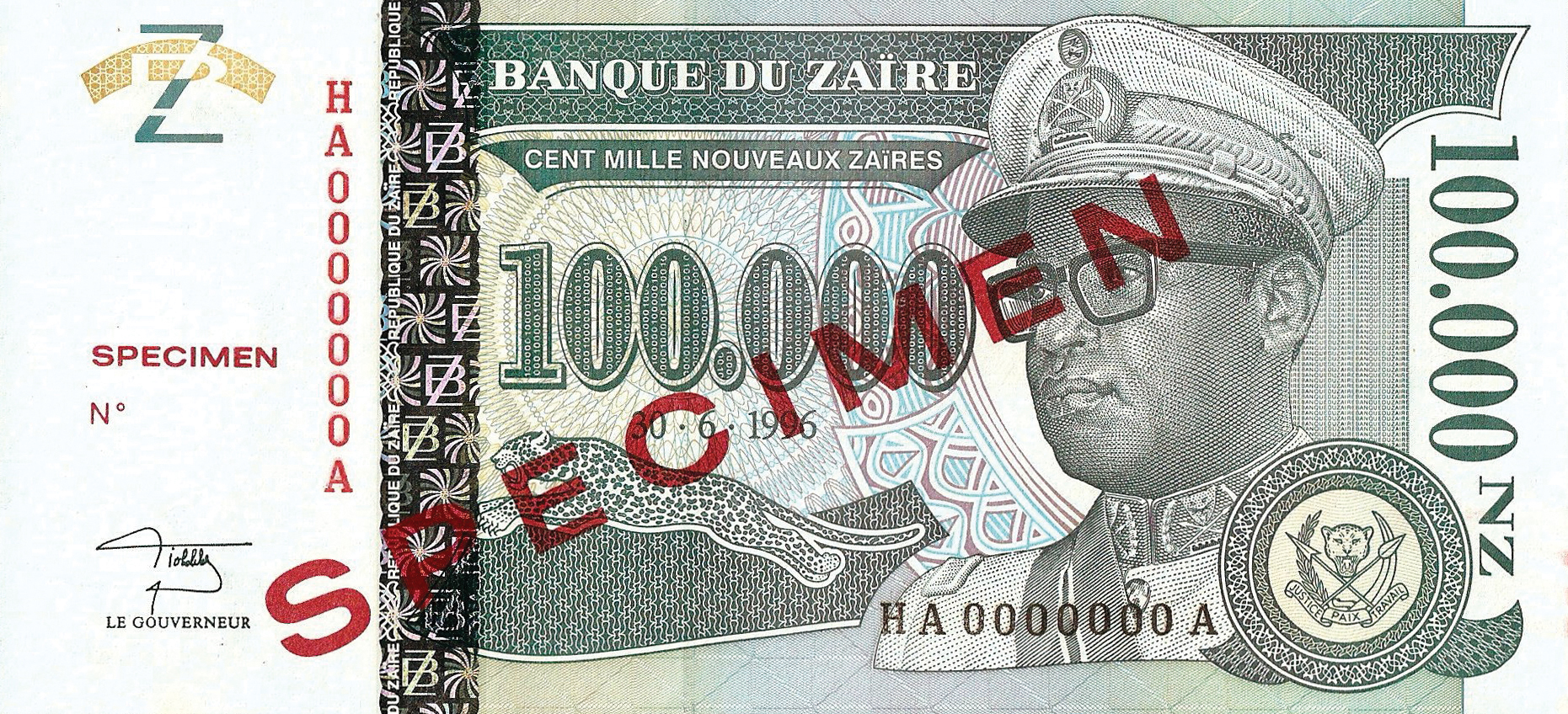  Diagonal red SPECIMEN ovpt front/back; horizontal red SPECIMEN NO ovpt at center left; all-zero s/n 