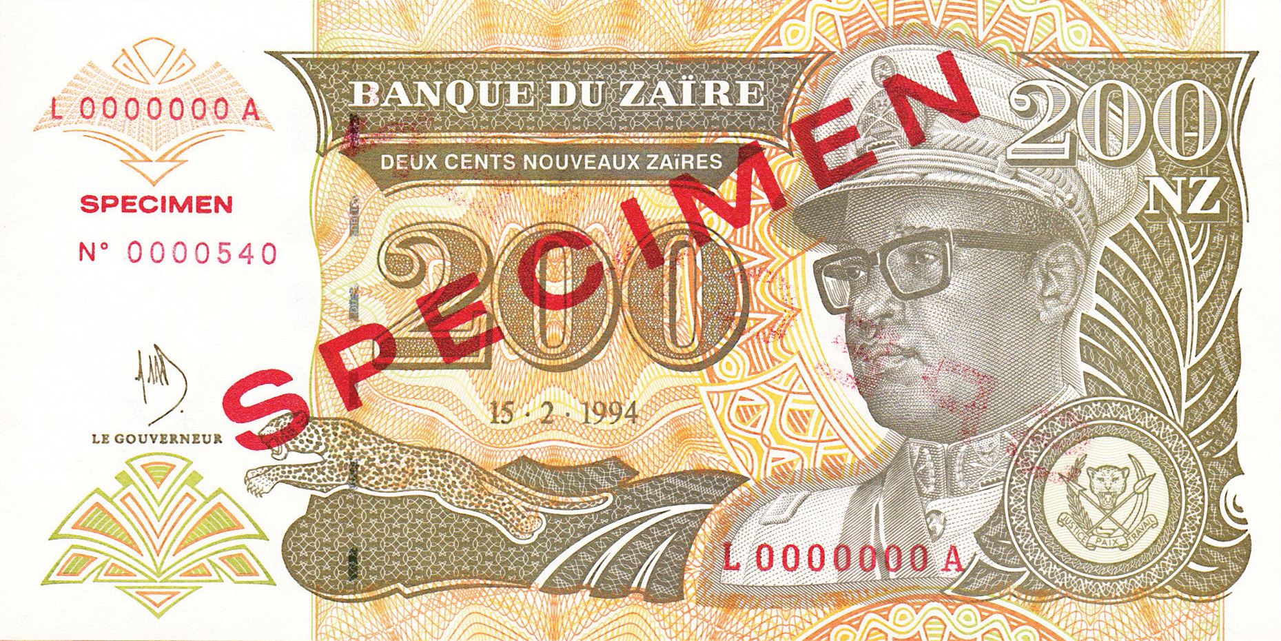  Diagonal red SPECIMEN ovpt front/back; horizontal red SPECIMEN NO # ovpt at center left; all-zero s/n 