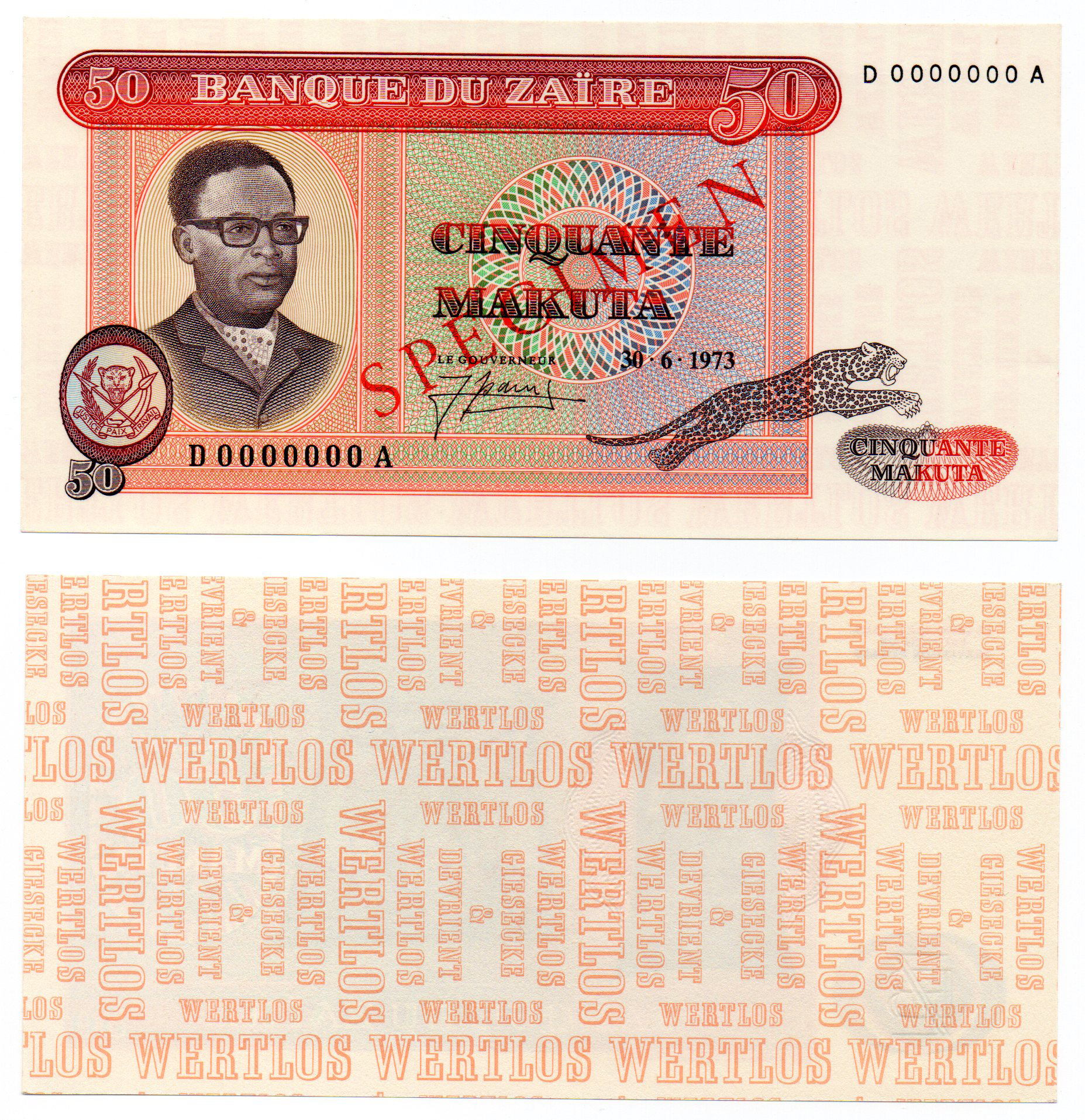  Separate front/back; diagonal red SPECIMEN ovpt front; horizontal and vertical WERTLOS pattern back; all-zero s/n 