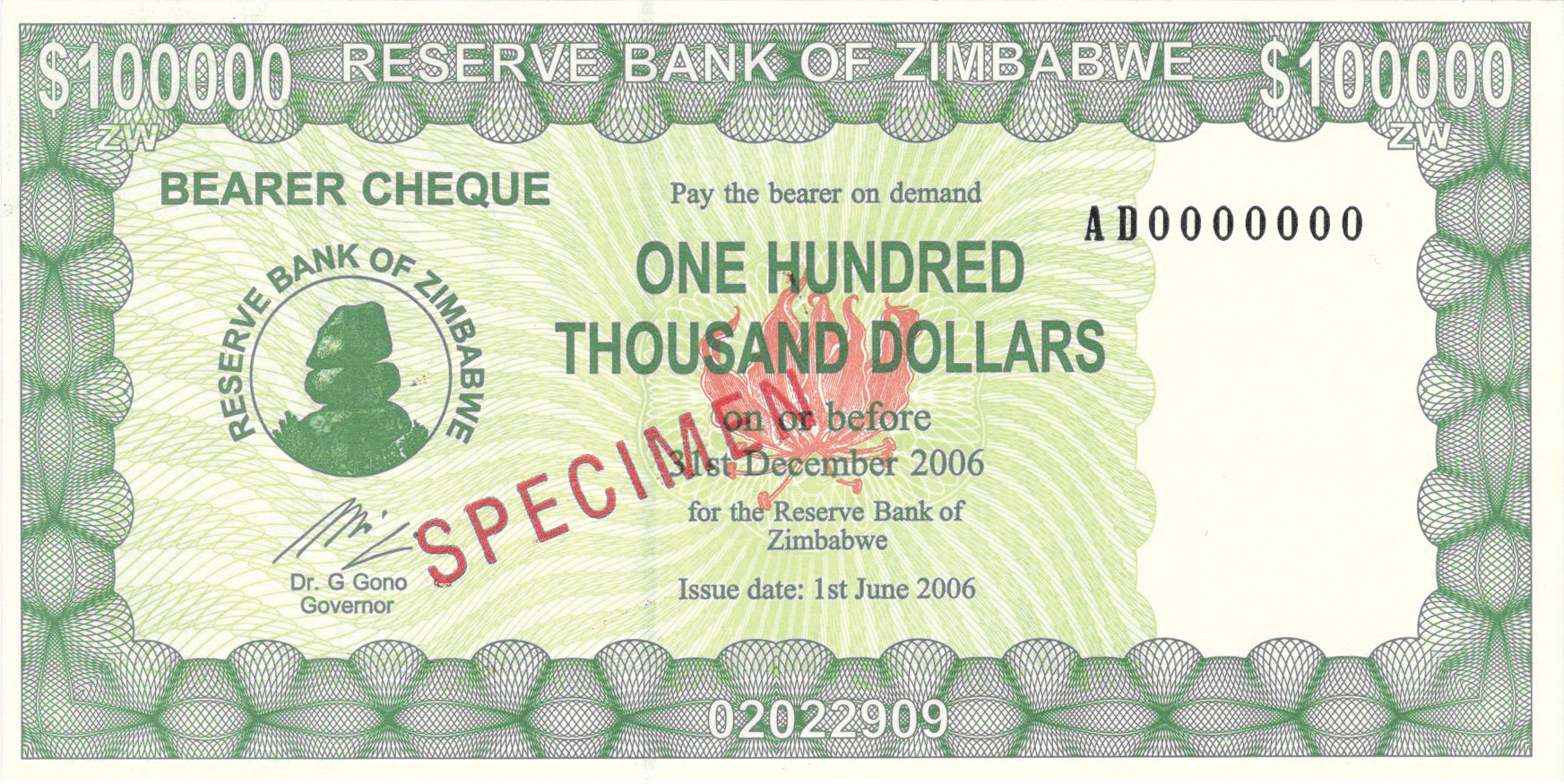  Diagonal red SPECIMEN ovpt front; all-zero s/n 