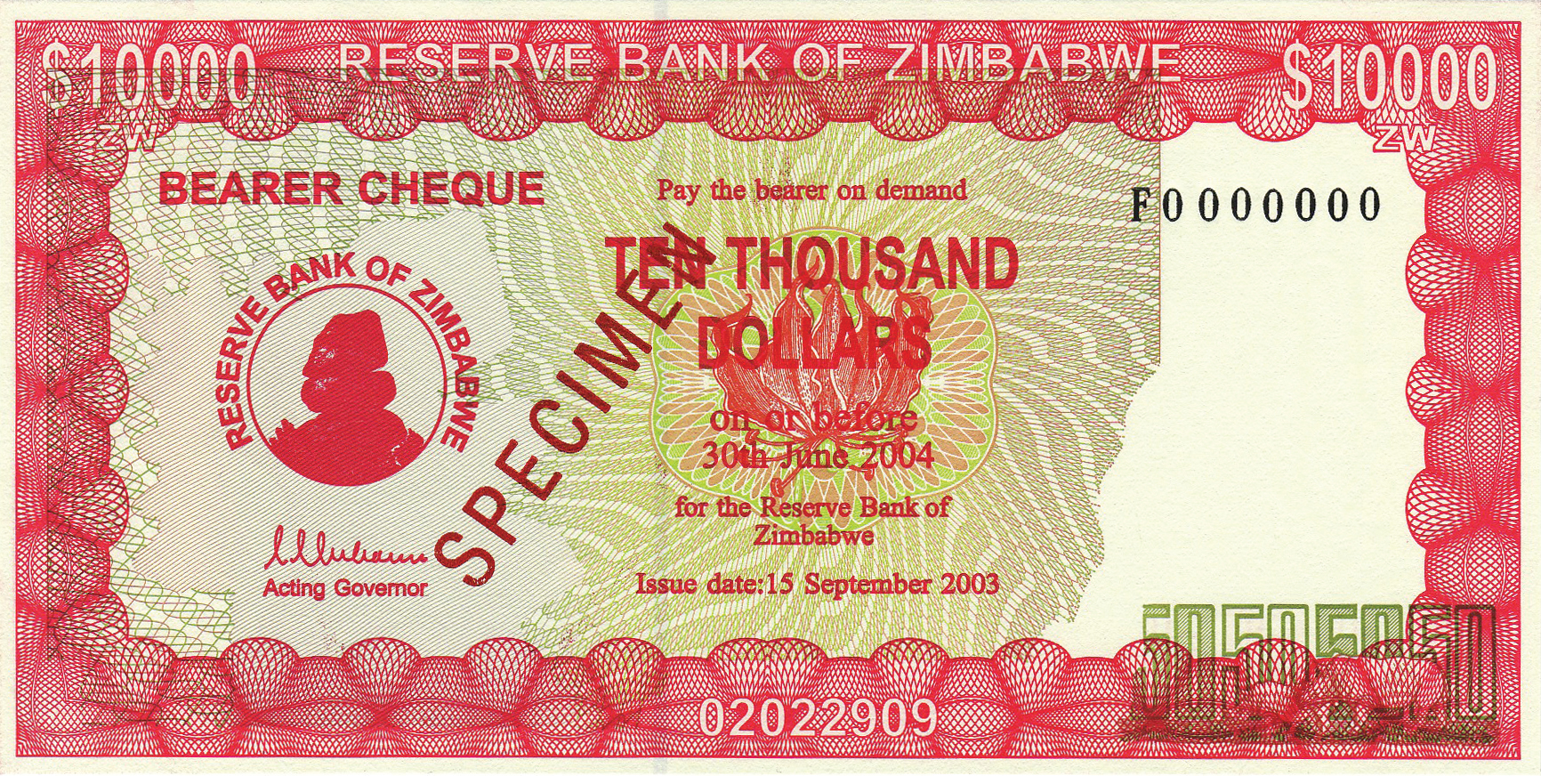  Diagonal red SPECIMEN ovpt front; all-zero s/n 