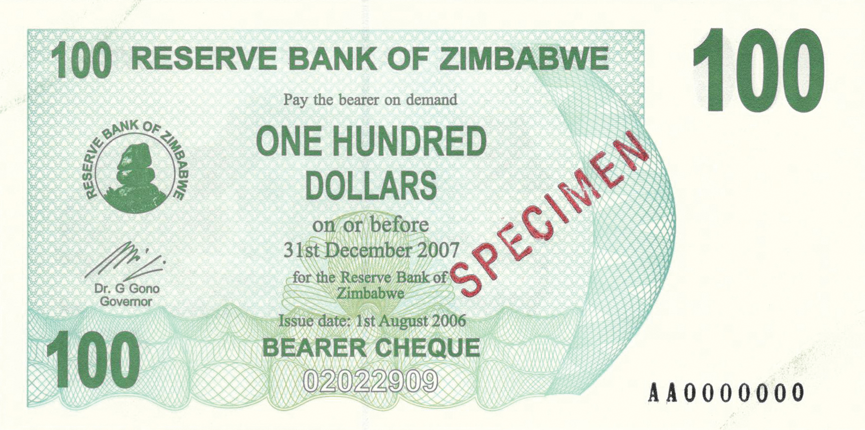  Diagonal red SPECIMEN ovpt front; all-zero s/n 