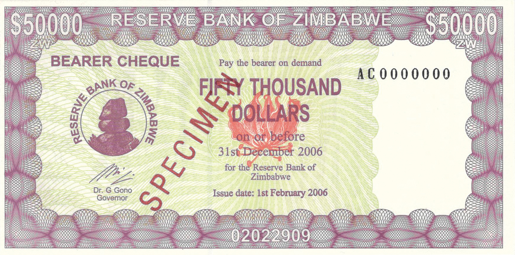  Diagonal red SPECIMEN ovpt front; all-zero s/n 