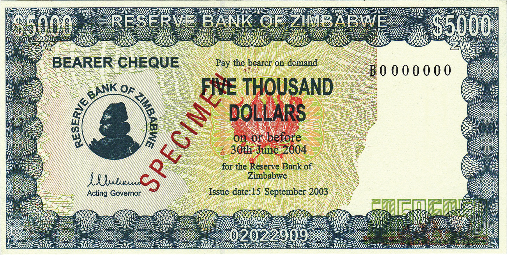  Diagonal red SPECIMEN ovpt front; all-zero s/n 