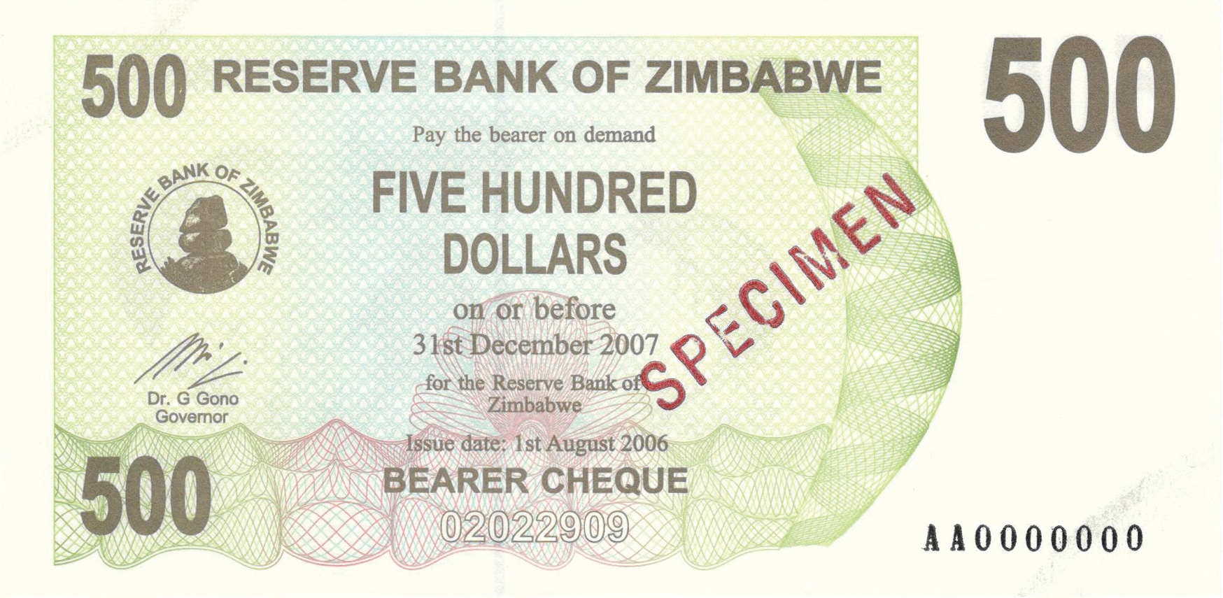  Diagonal red SPECIMEN ovpt front; all-zero s/n 