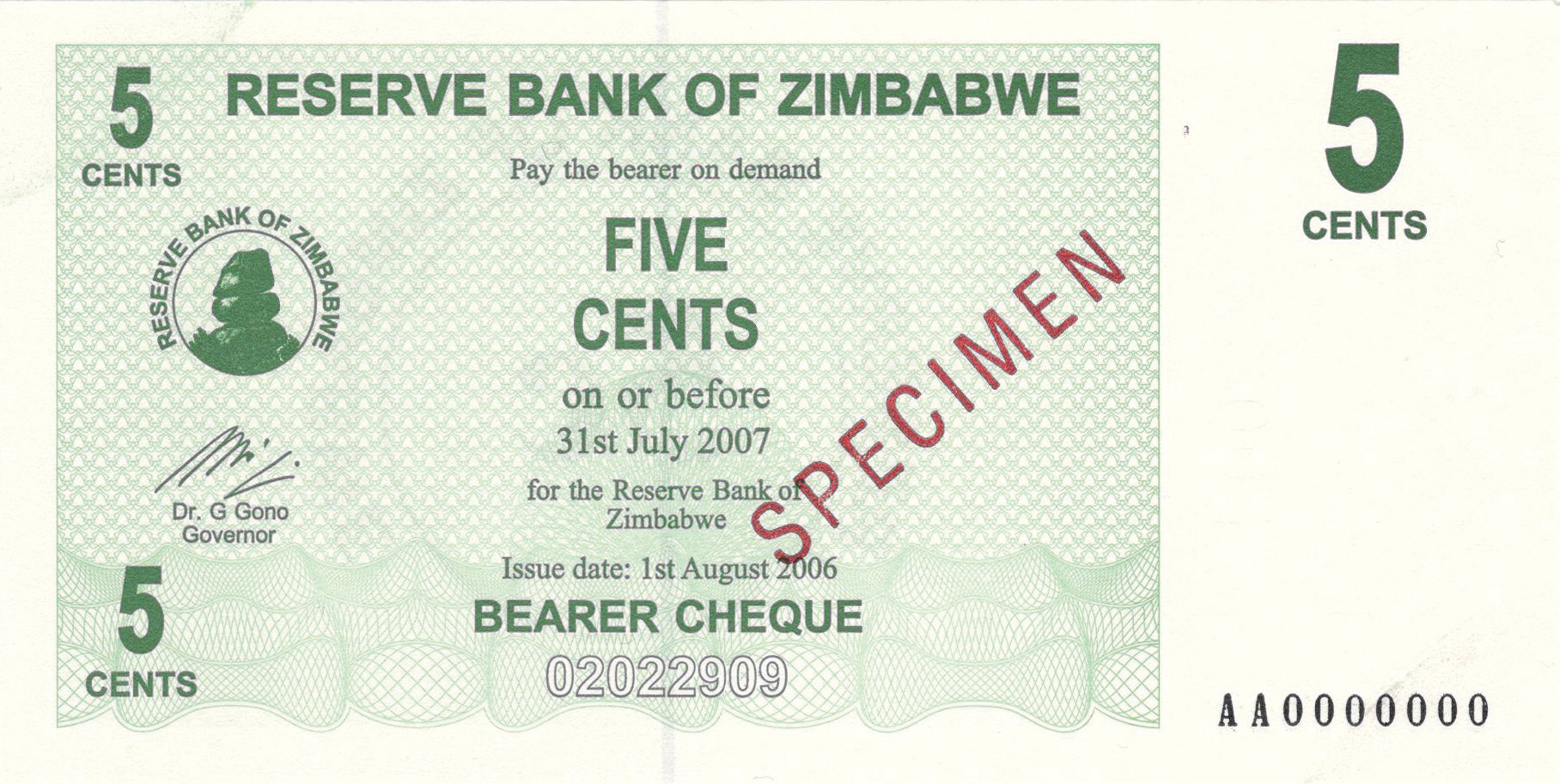  Diagonal red SPECIMEN ovpt front; all-zero s/n 