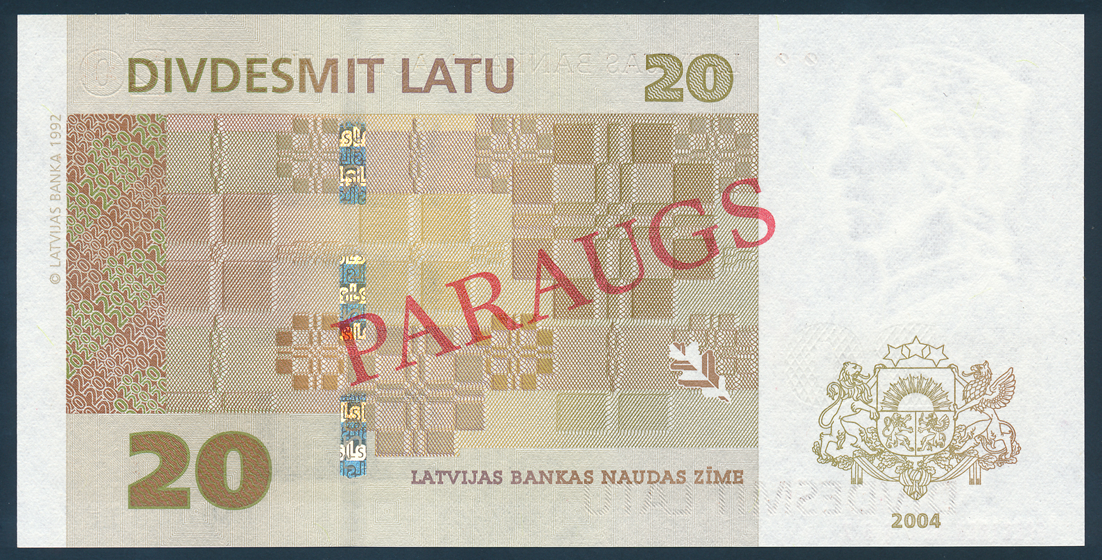  Diagonal red PARAUGS ovpt front/back; horizontal red SPECIMEN NO # ovpt lower left; all-zero s/n 