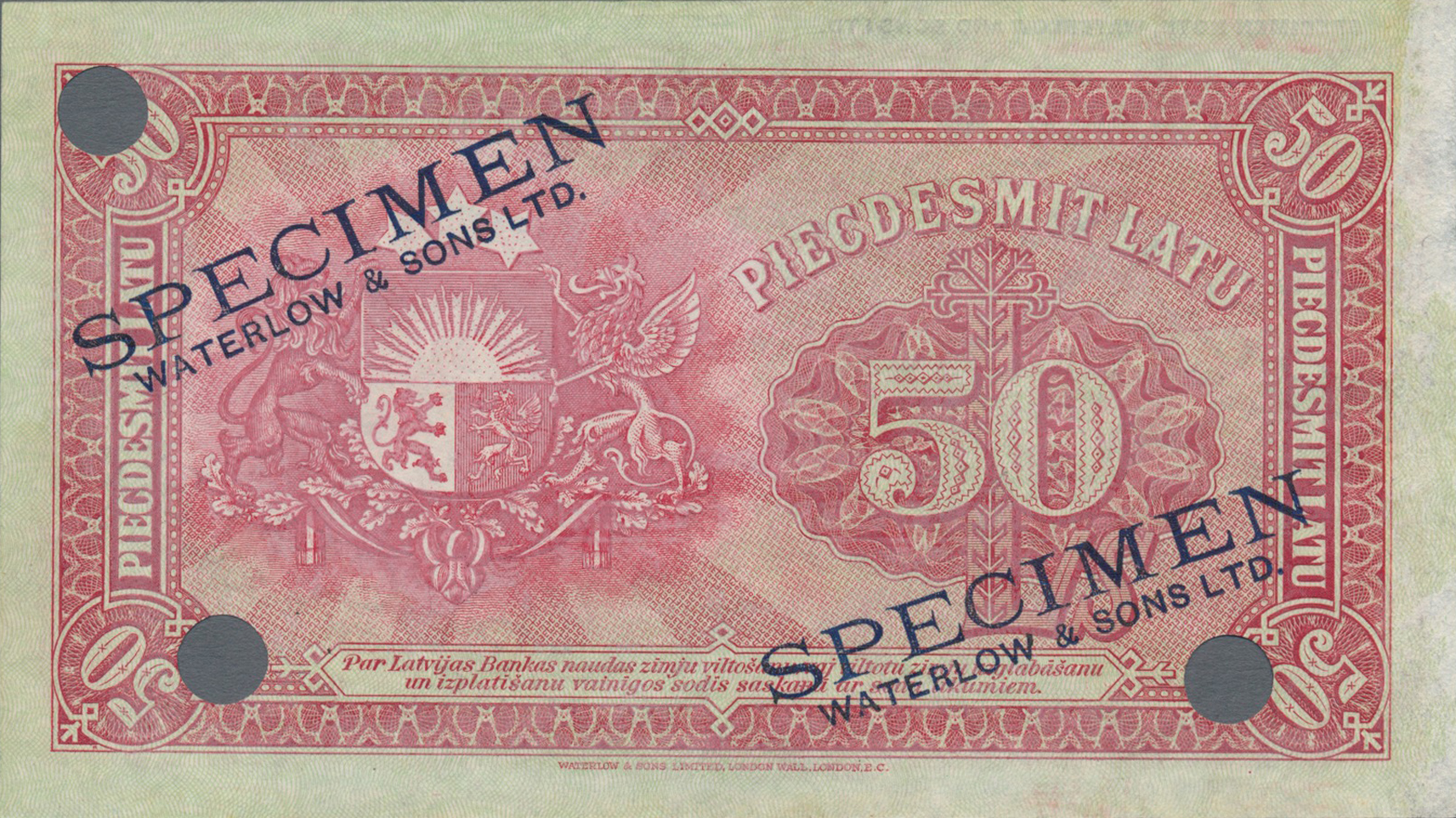  Red; two diagonal blue SPECIMEN / WATERLOW & SONS LTD ovpts front/back; horizontal black SPECIMEN NOTE, WATERLOW AND SONS LTD # ovpt upper left front; no s/n 