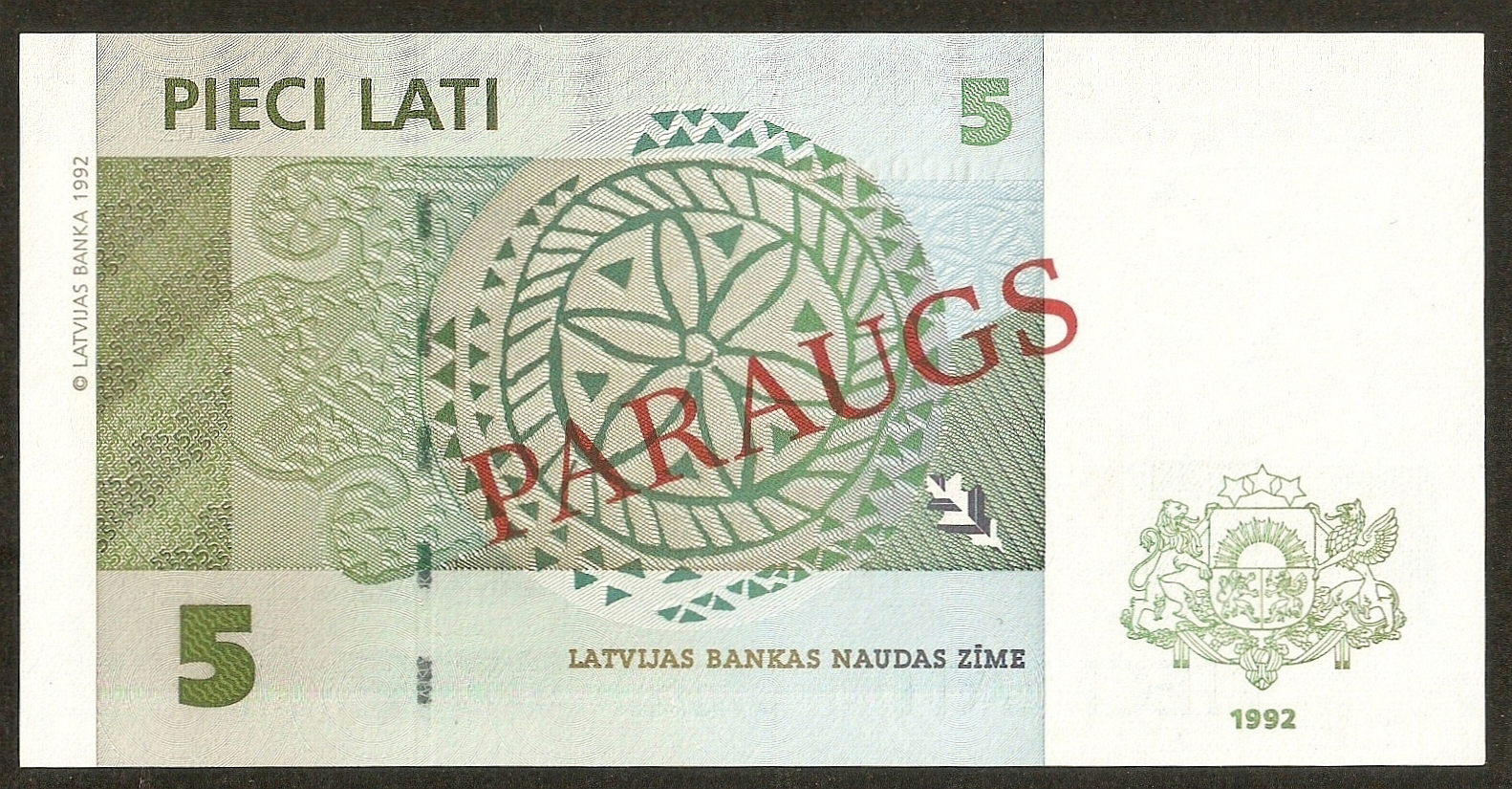  Diagonal red PARAUGS ovpt front/back; horizontal red SPECIMEN NO # ovpt lower left; all-zero s/n 