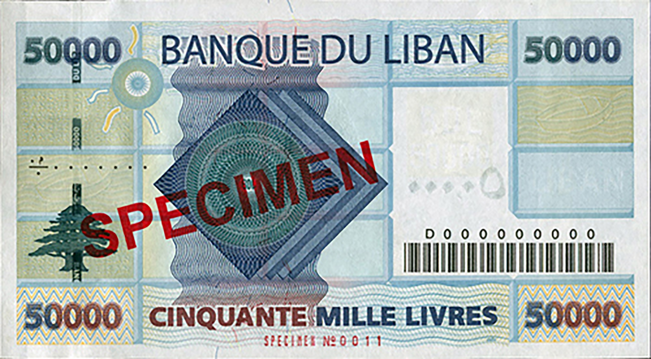  Diagonal red جذومن ovpt front; red SPECIMEN NO # ovpt lower center back; diagonal red SPECIMEN ovpt back; all-zero s/n 