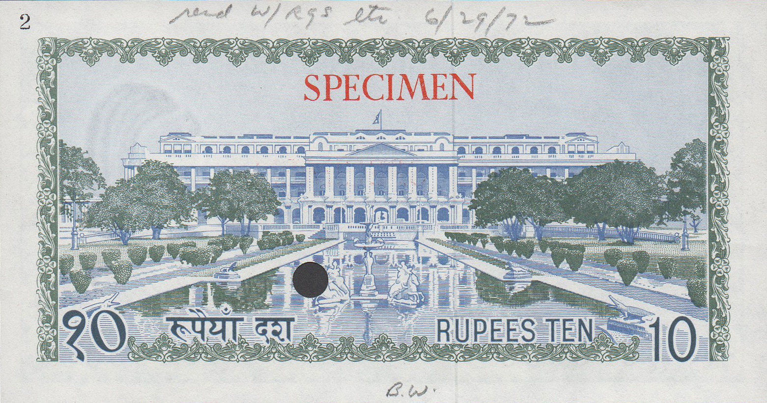  Blue and green; horizontal red SPECIMEN ovpt front/back; all-zero s/n 