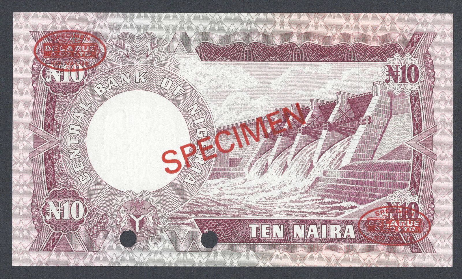  Diagonal red SPECIMEN and DLR oval ovpts front/back; horizontal red SPECIMEN NO # ovpt lower left front; all-zero s/n 