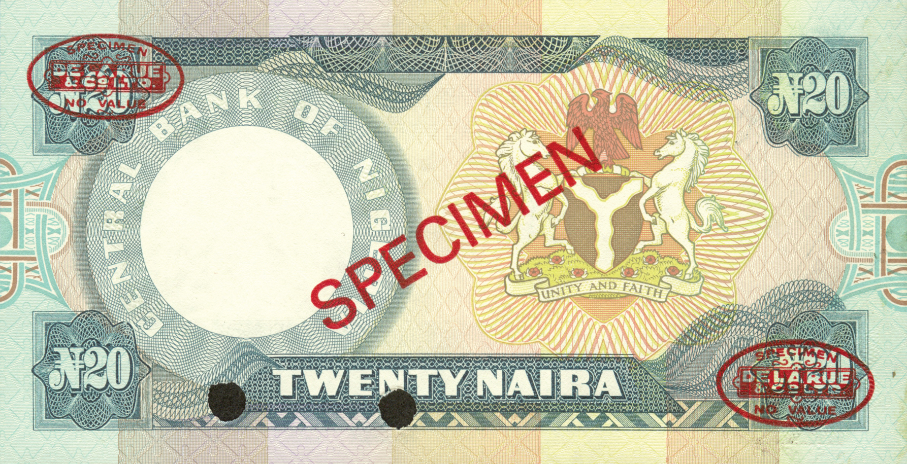  Diagonal red SPECIMEN and DLR oval ovpts front/back; horizontal red SPECIMEN NO # ovpt lower left front; all-zero s/n 