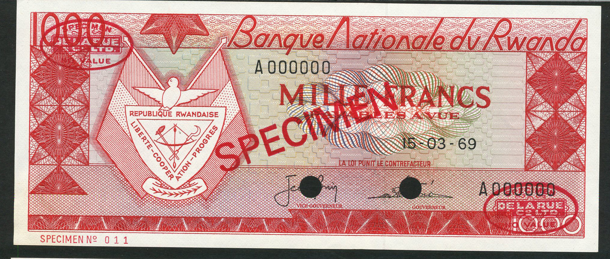  Diagonal red SPECIMEN and DLR oval ovpts; horizontal red SPECIMEN NO # ovpt lower left; all-zero s/n 