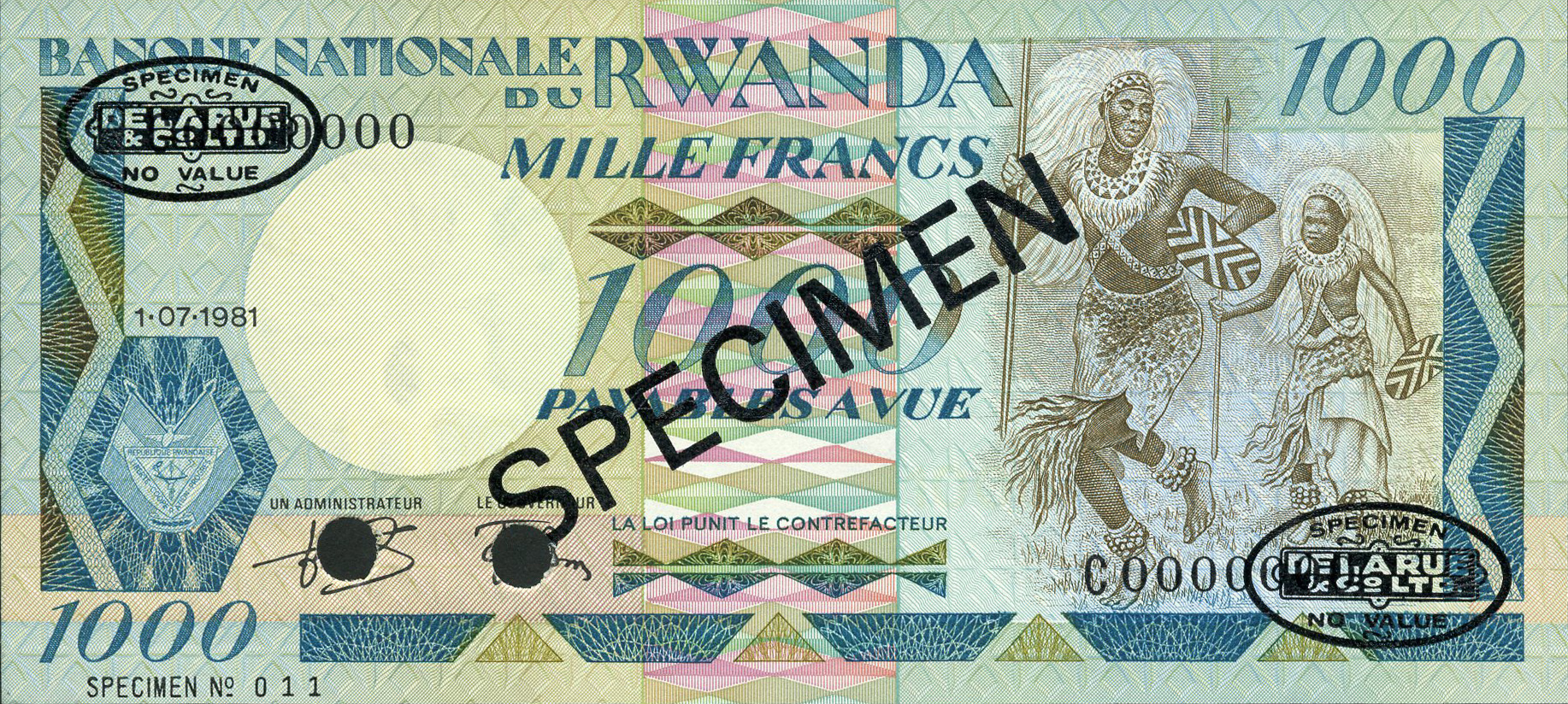  Diagonal black SPECIMEN and DLR oval ovpts; horizontal black SPECIMEN NO # ovpt lower left; all-zero s/n 